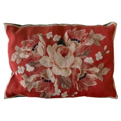 Red Rose French Aubusson Tapestry Style Needlepoint Lumbar Pillow Case