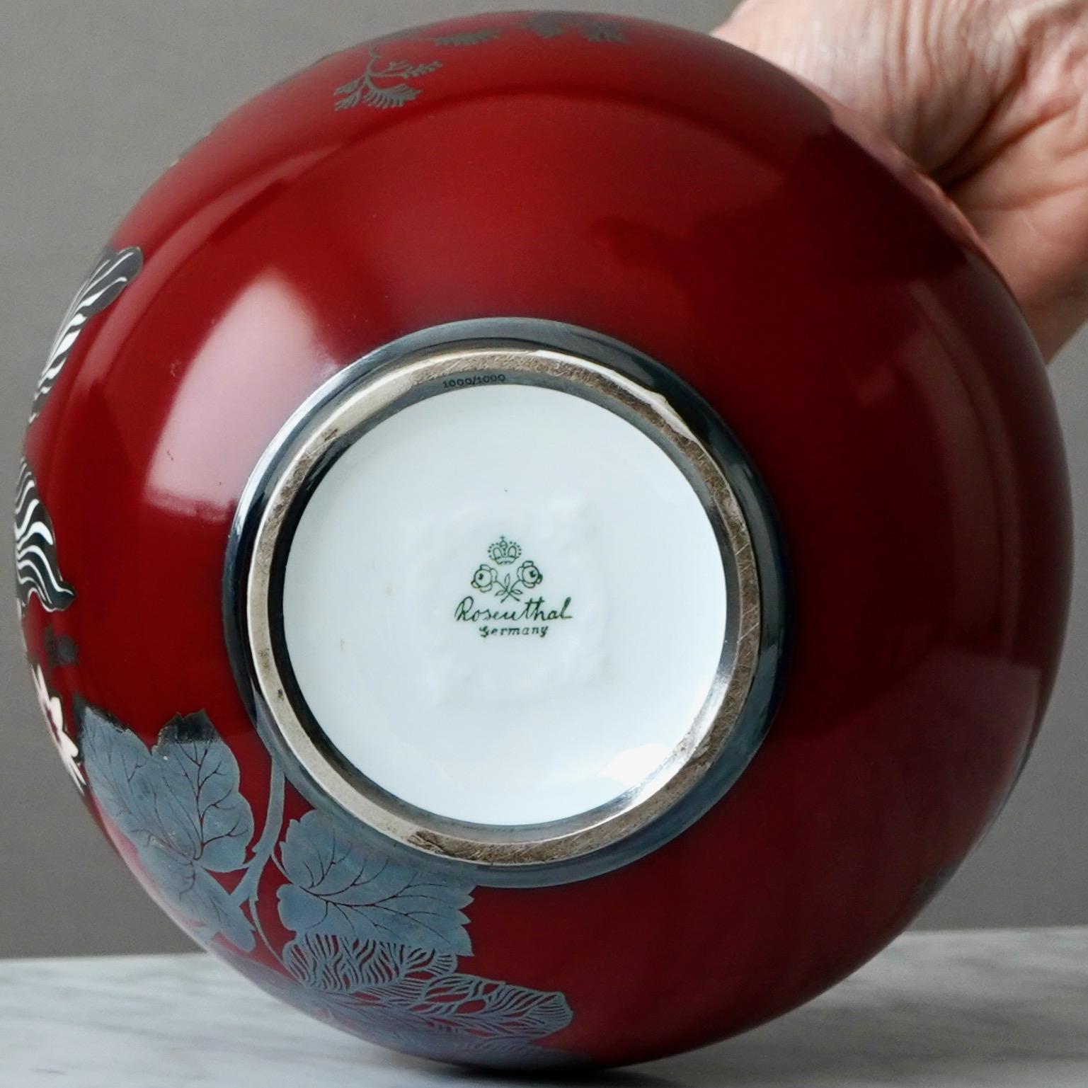 Red Rosenthal Art Deco Vase w. hand-painted Silver Overlay. Germany, 1936. For Sale 5