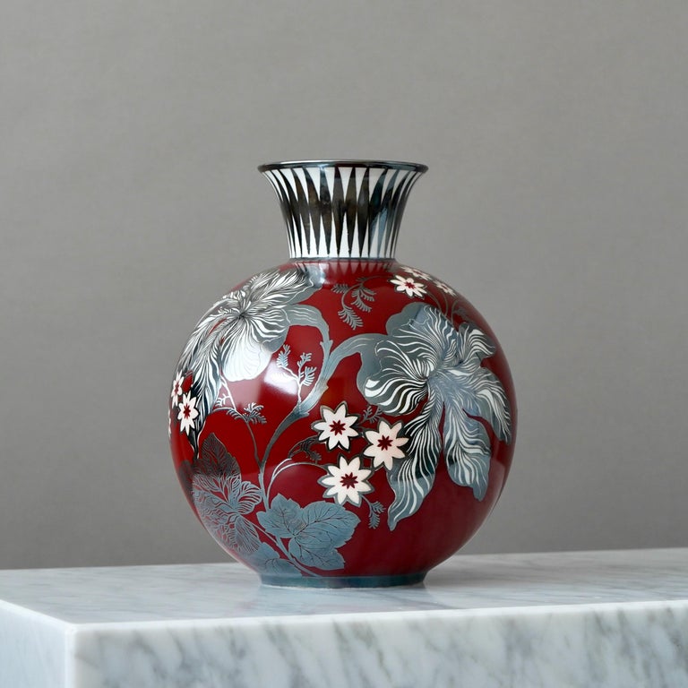 Red Rosenthal Art Deco Vase w. hand-painted Silver Overlay. Germany, 1936. at 1stDibs