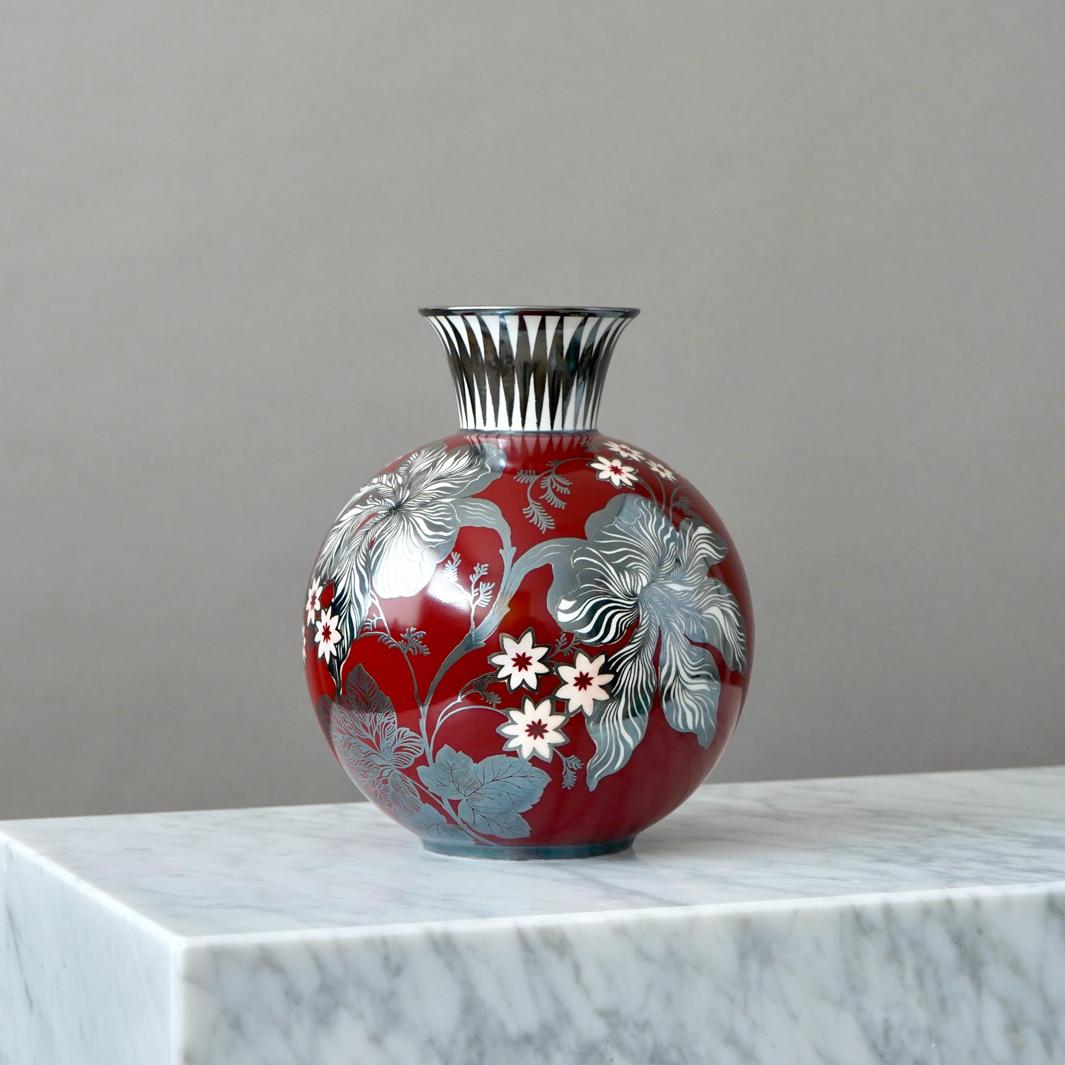 Mid-20th Century Red Rosenthal Art Deco Vase w. hand-painted Silver Overlay. Germany, 1936. For Sale
