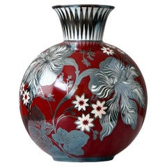 Red Rosenthal Art Deco Vase w. hand-painted Silver Overlay. Germany, 1936.