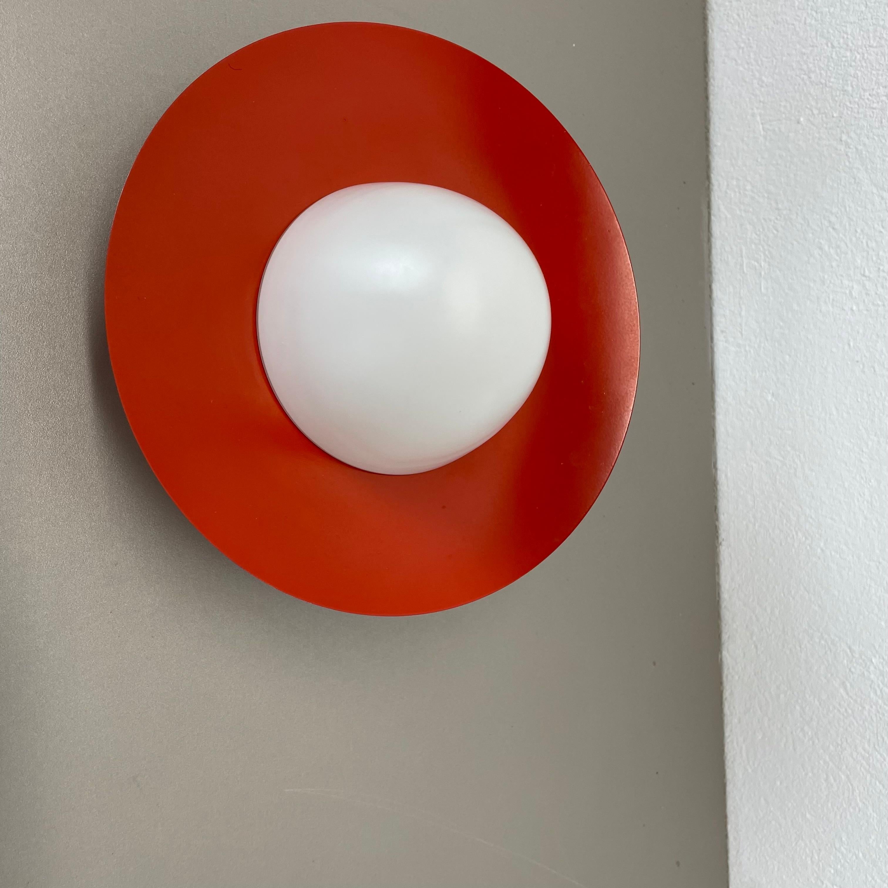 Italian Red round 20cm Stilnovo Style Metal Opaline Glass Wall Light, Italy, 1960s For Sale