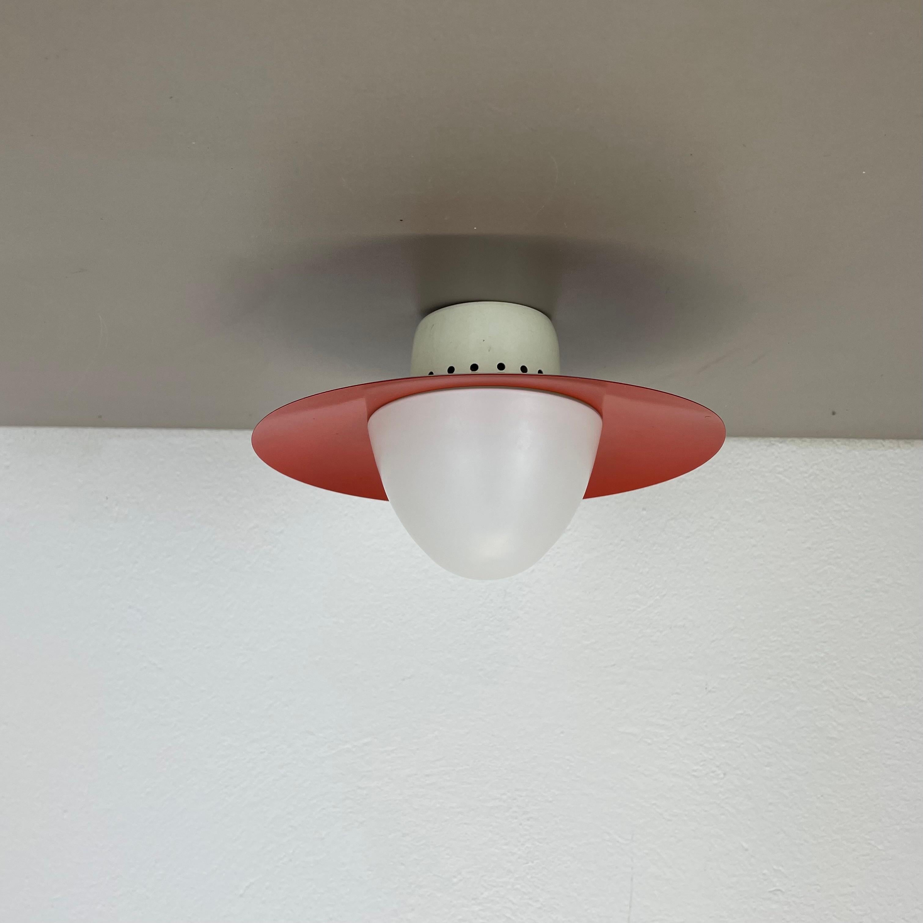 20th Century Red round 20cm Stilnovo Style Metal Opaline Glass Wall Light, Italy, 1960s For Sale
