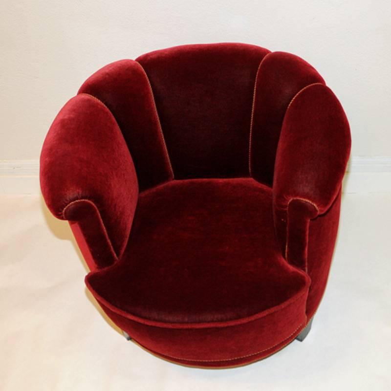 Scandinavian Modern Red Round Velour Chair 1930s, Denmark