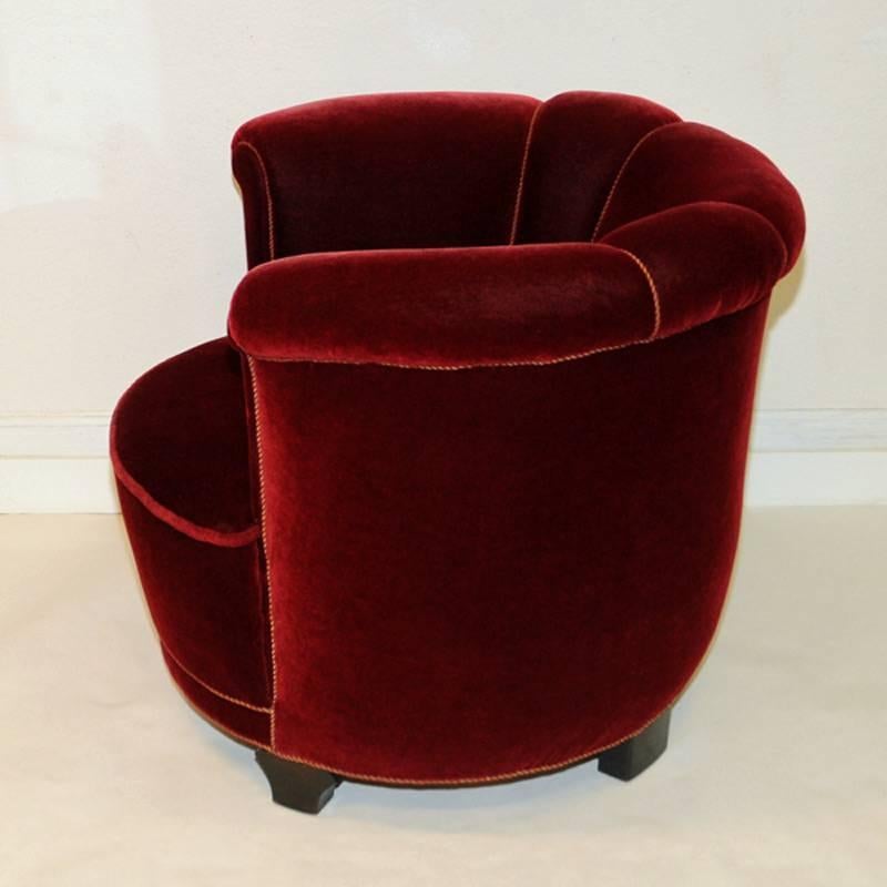 Danish Red Round Velour Chair 1930s, Denmark