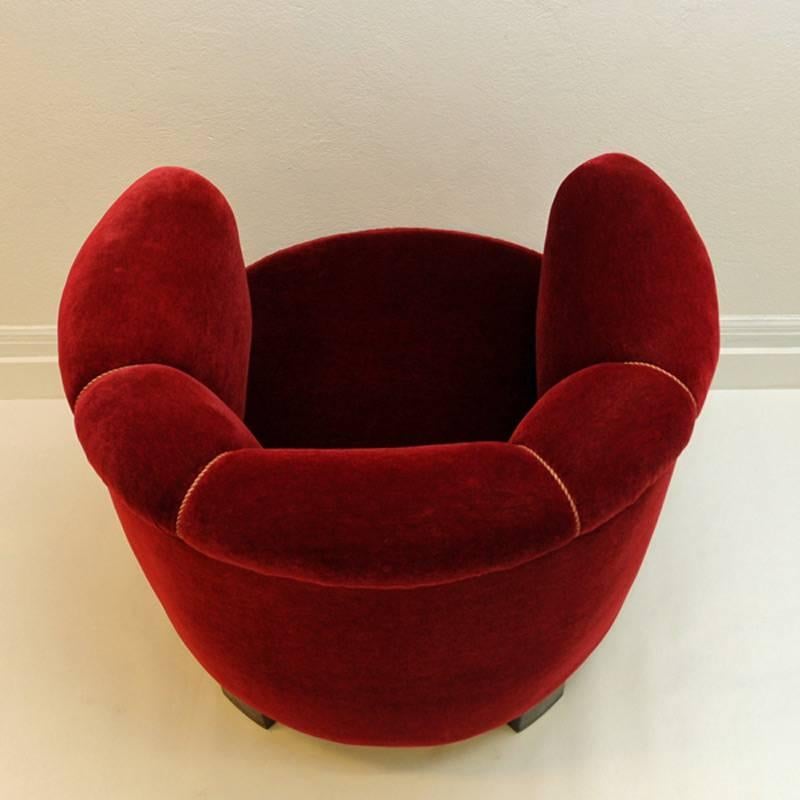 Mid-20th Century Red Round Velour Chair 1930s, Denmark