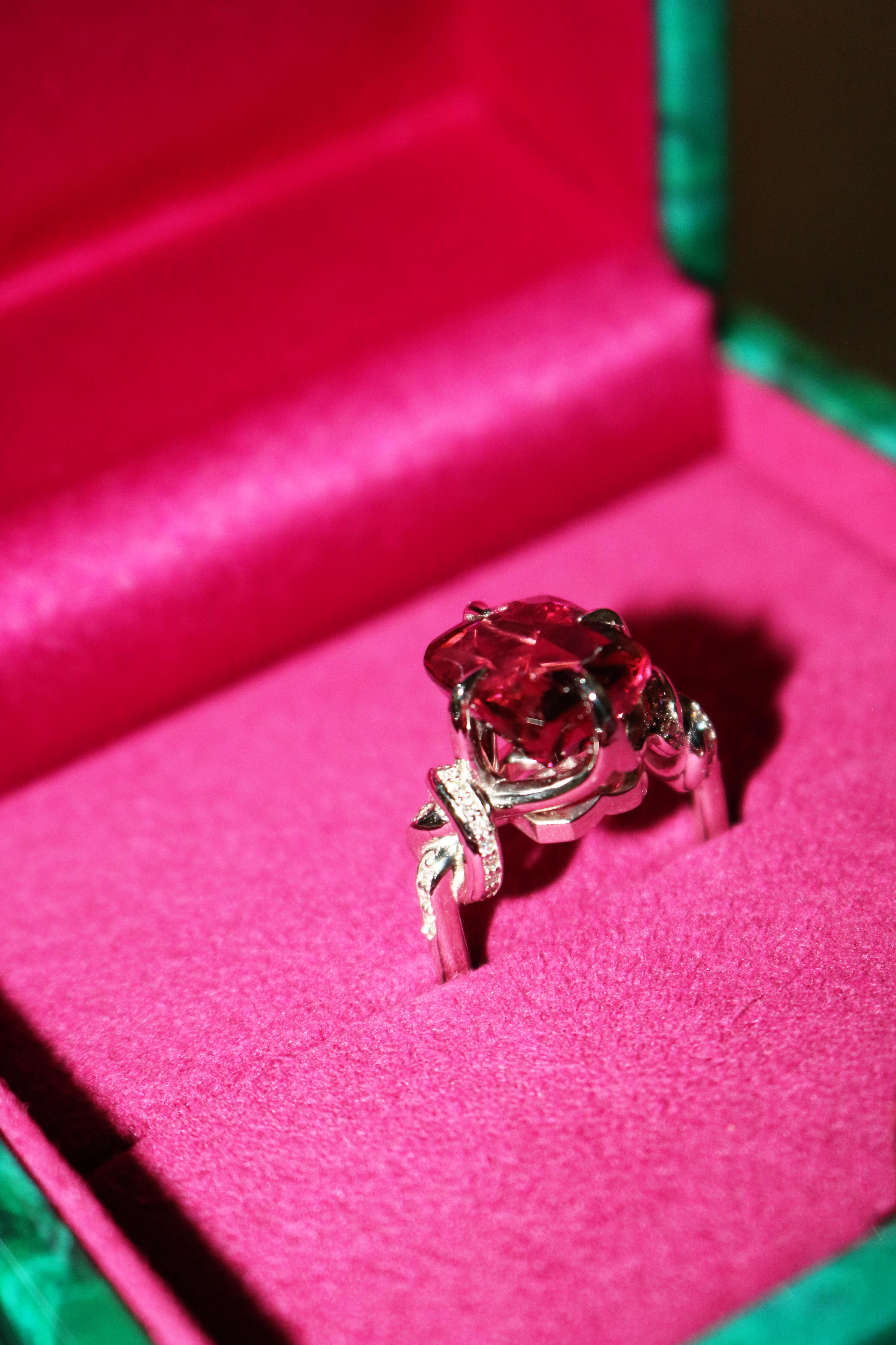 Red Rubelite and diamond Forget Me Knot ring  For Sale 6