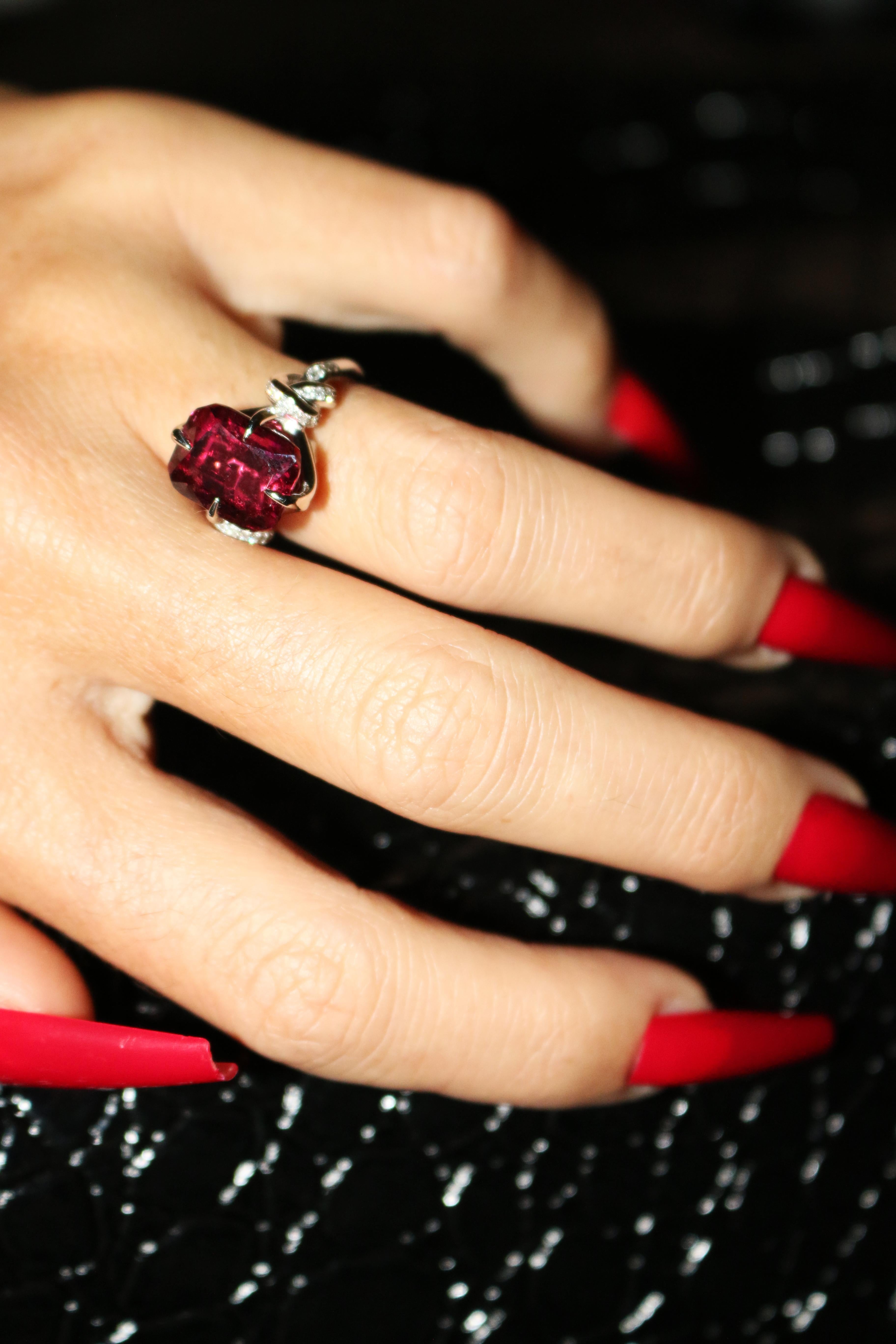 Red Rubelite and diamond Forget Me Knot ring  For Sale 7