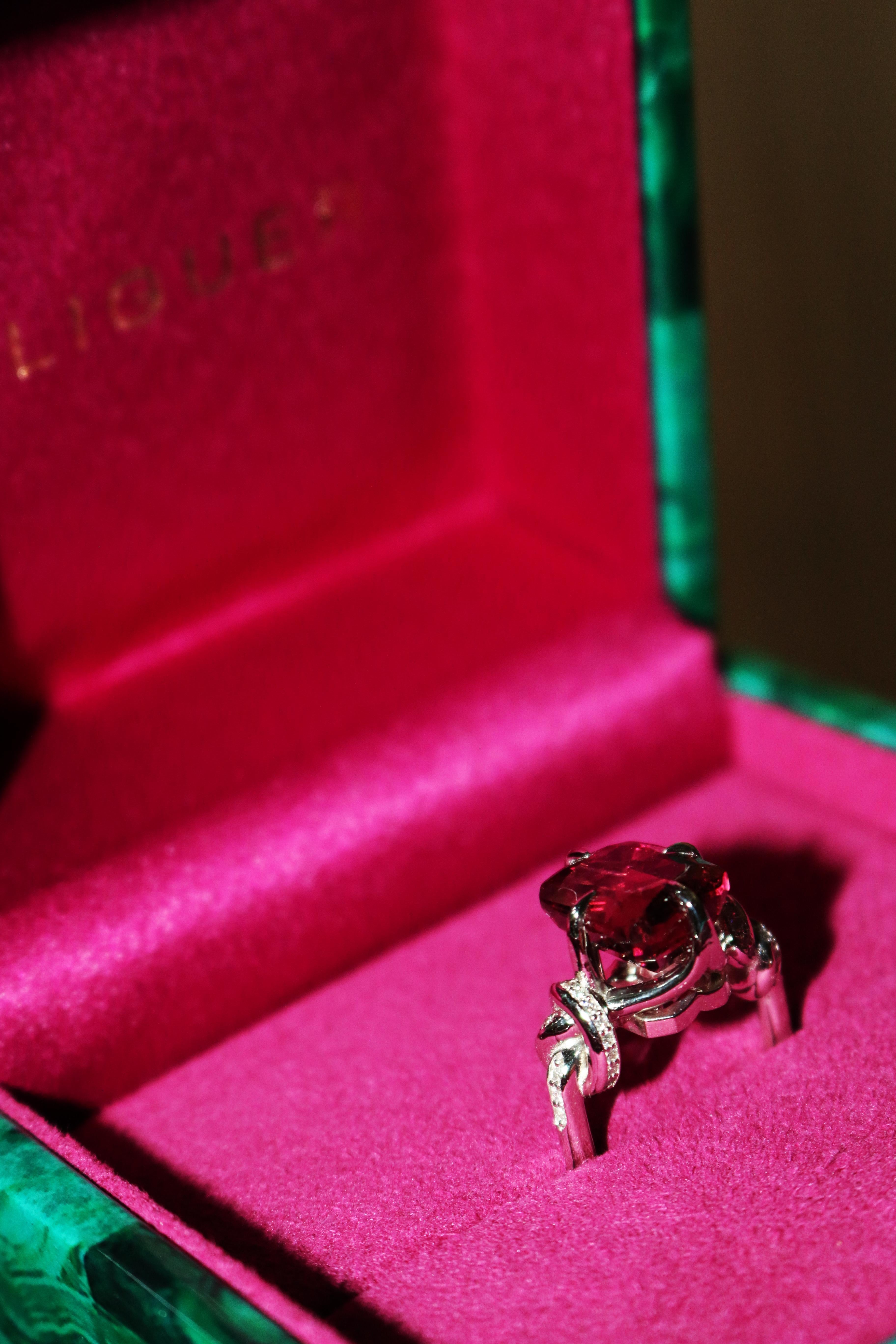 Emerald Cut Red Rubelite and diamond Forget Me Knot ring  For Sale