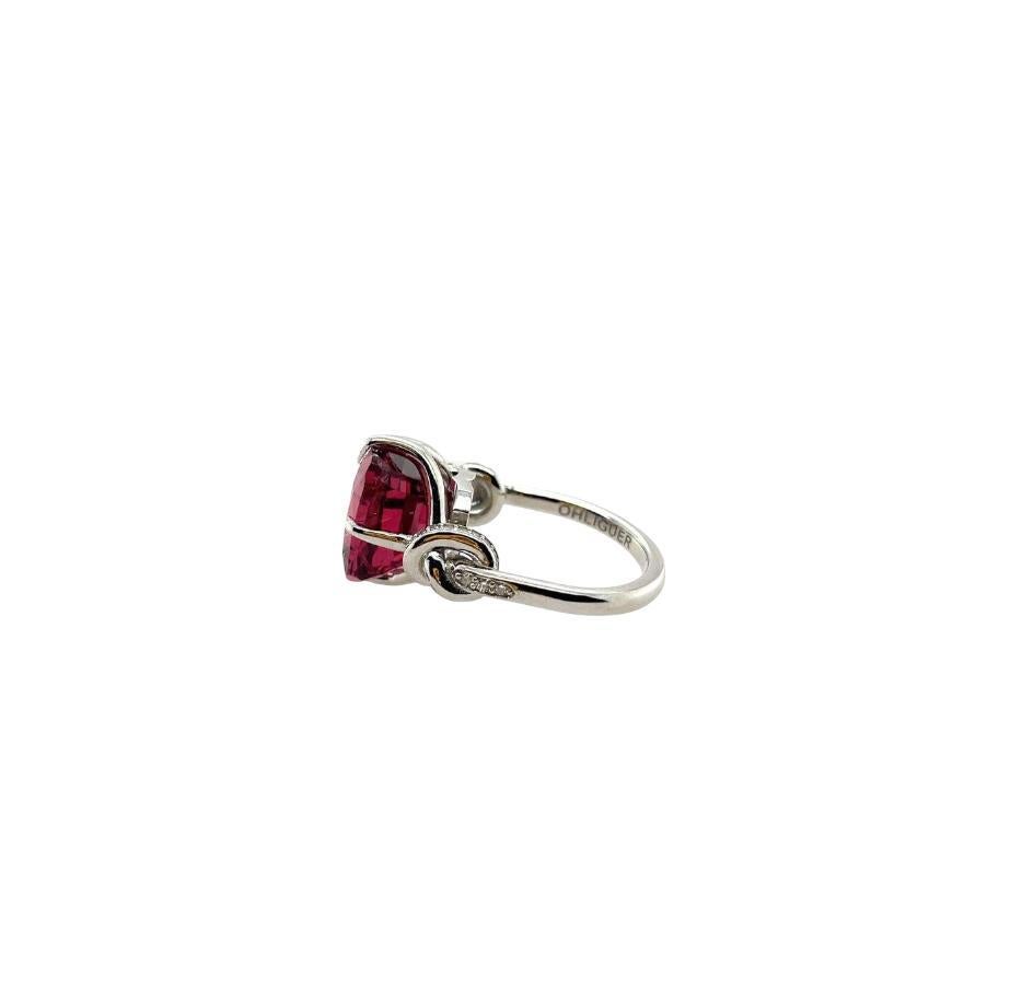 Emerald Cut Red Rubelite and diamond Forget Me Knot ring For Sale