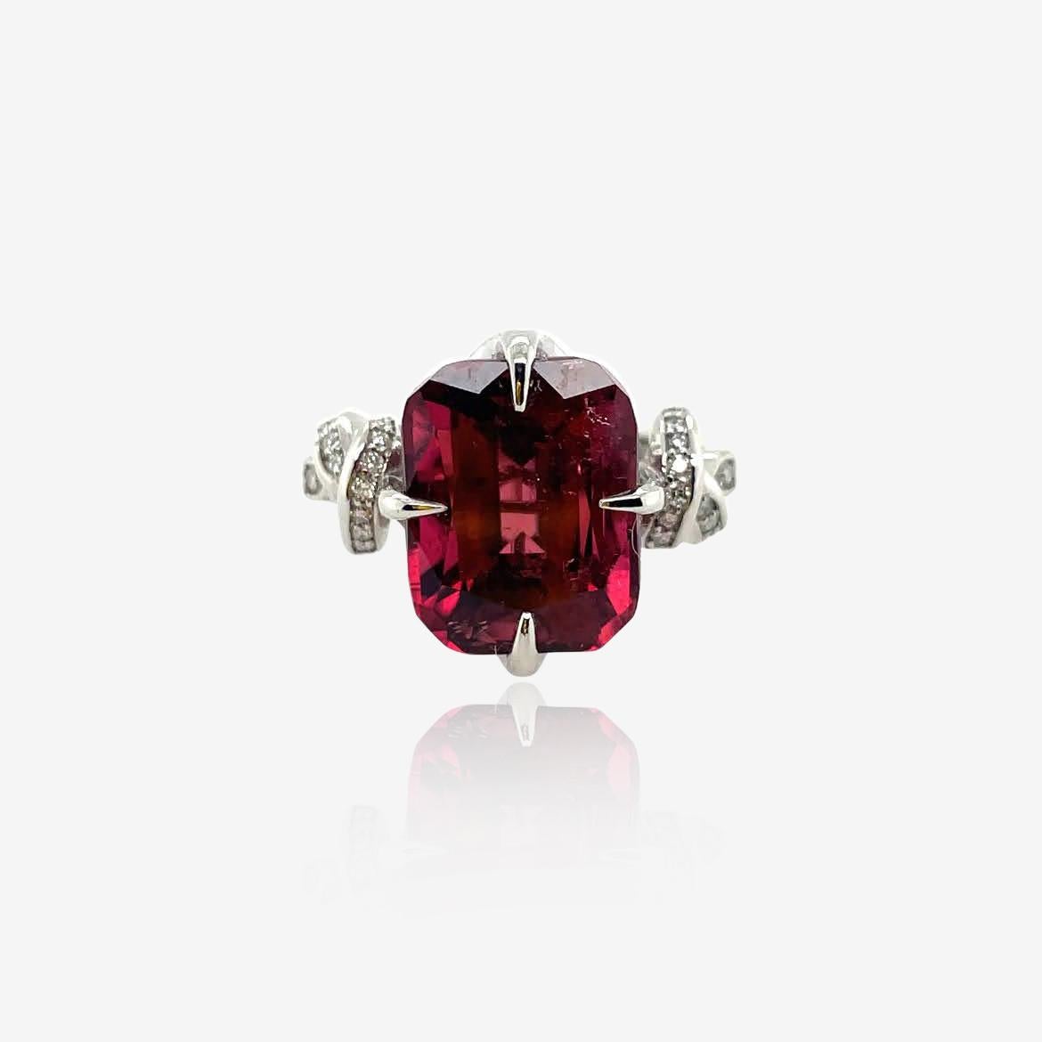 Red Rubelite and diamond Forget Me Knot ring  For Sale 1