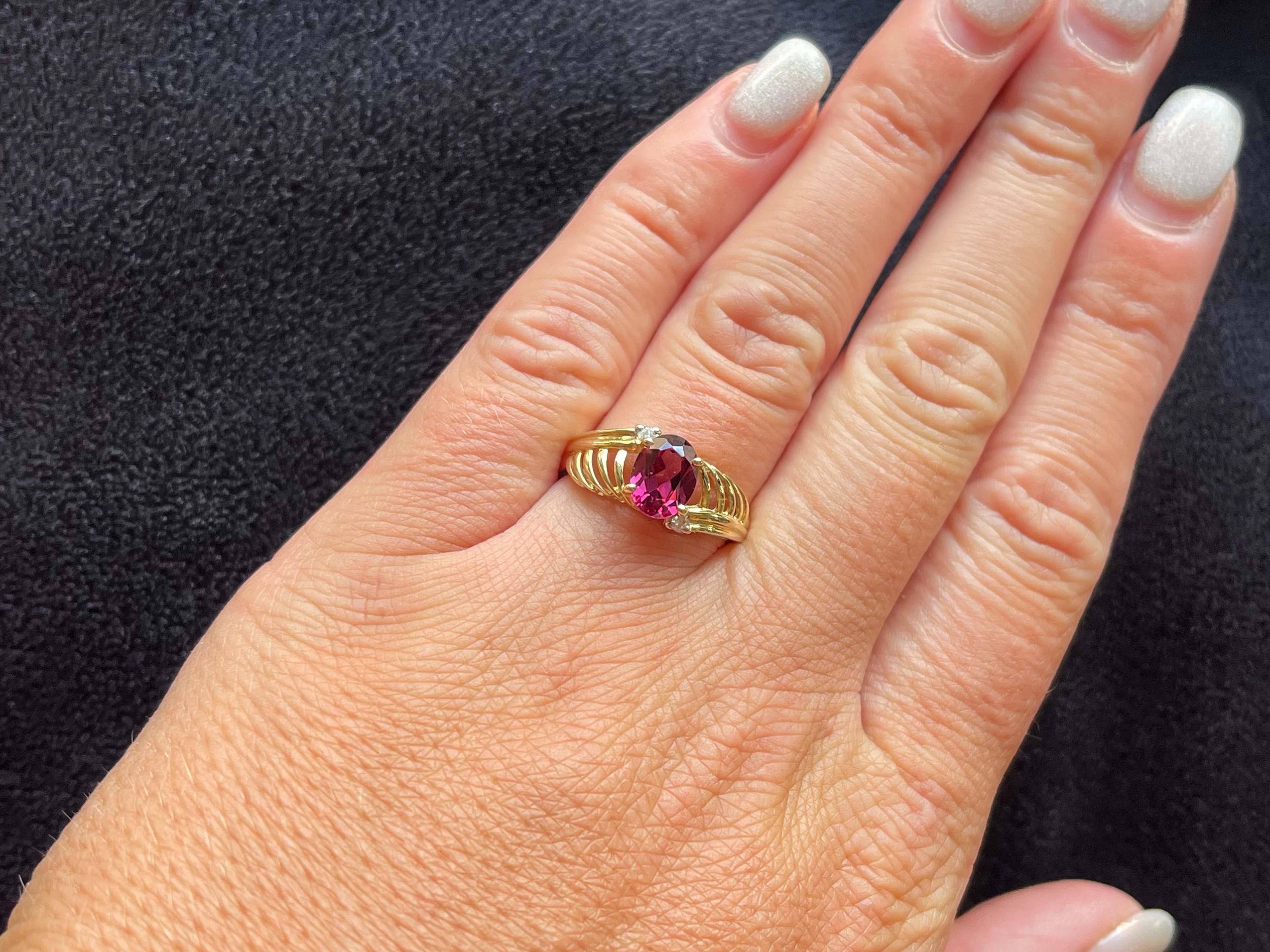 Item Specifications:

Metal: 14K Yellow Gold

Style: Statement Ring

Ring Size: 7.25 (resizing available for a fee)

Ring Height: 8.6 mm tall

Total Weight: 2.9 Grams

Gemstone Specifications:

Gemstones: 1 red rubellite garnet

Garnet Carat Weight: