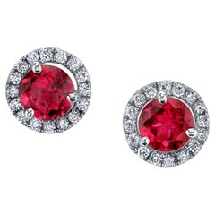Red Rubellite Tourmaline and Diamond Halo Stud Earrings in 18k White Gold