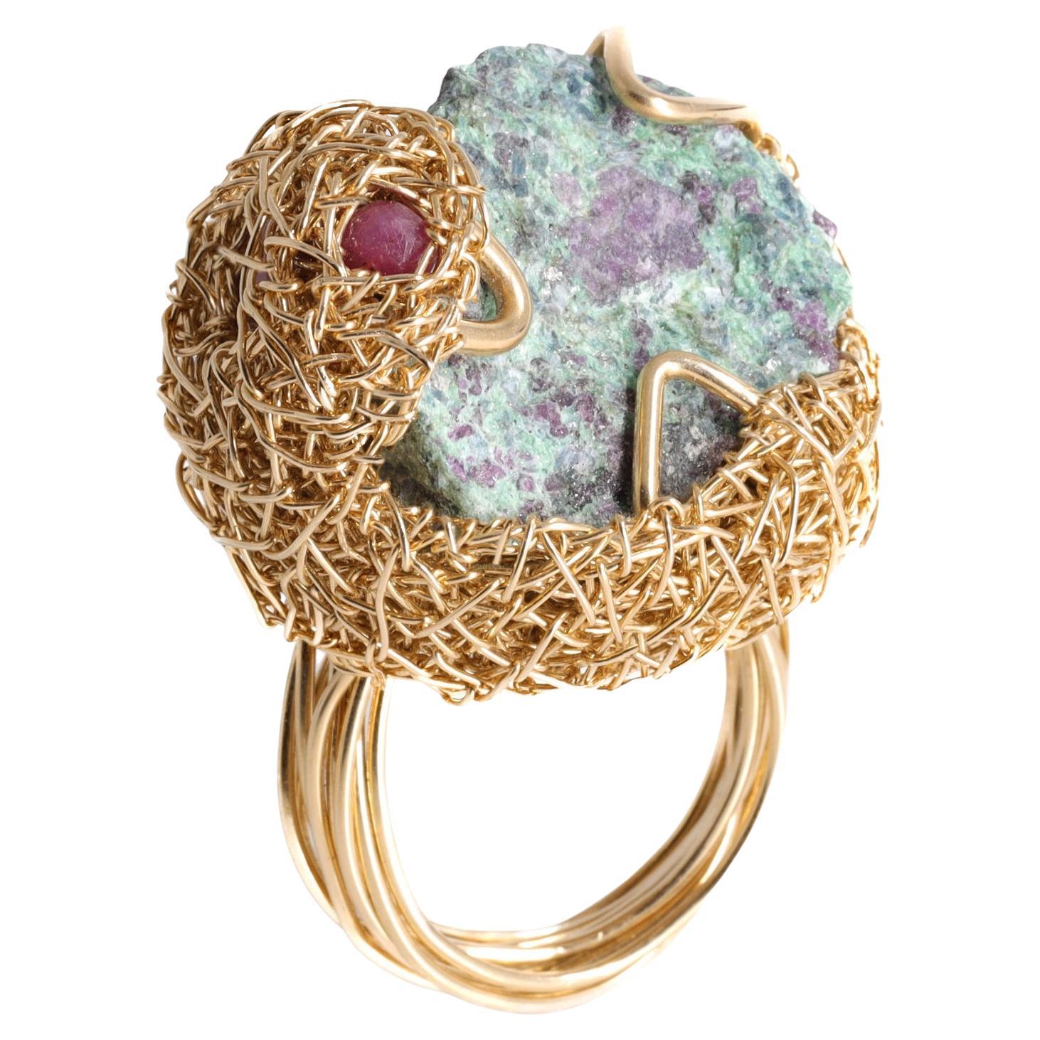 Red Rubies and Raw Aqua Ziosite Statement Cocktail square Ring One of a kind