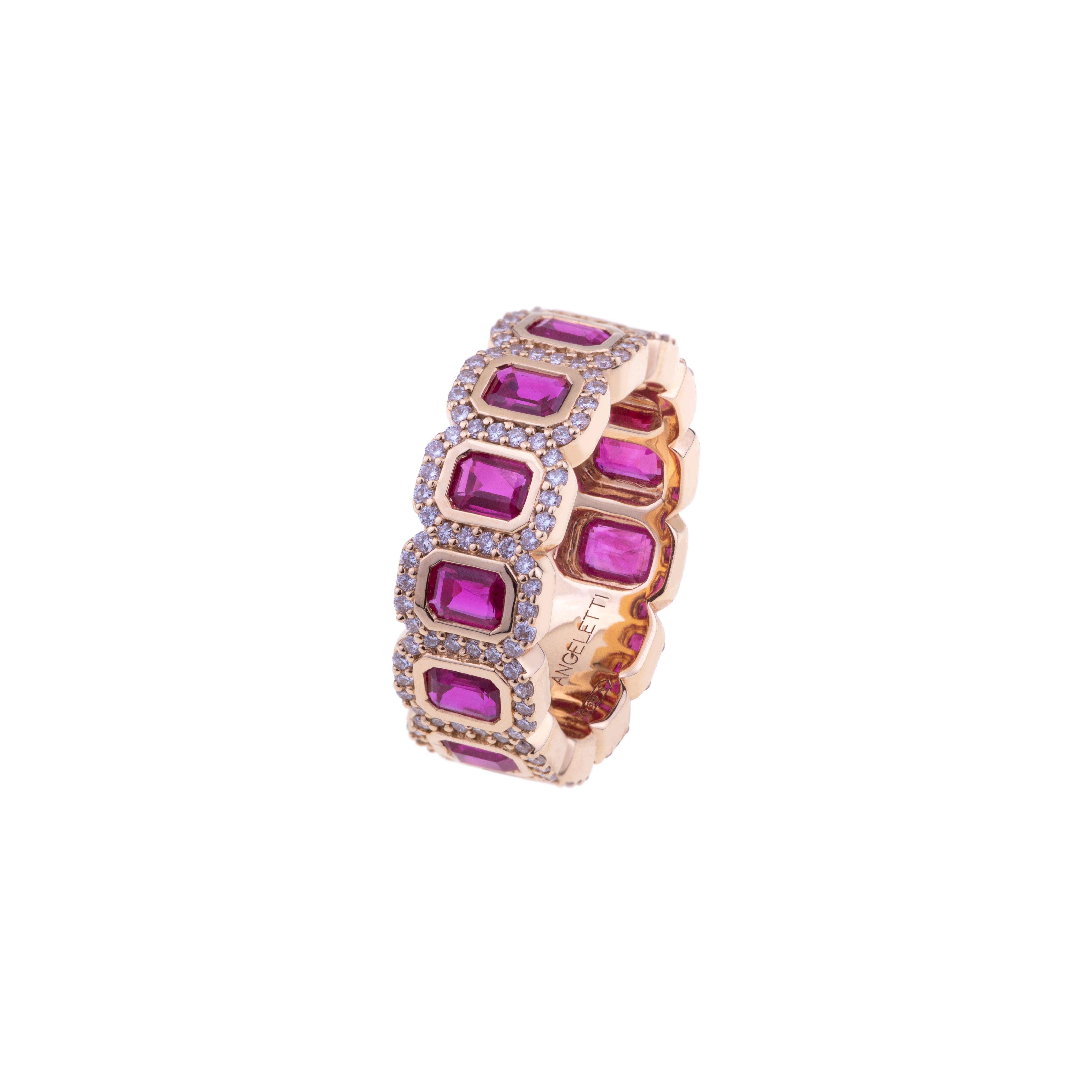 Red Rubies Octagon Cut Set in Rose Gold with Diamonds In New Condition For Sale In Roma, IT