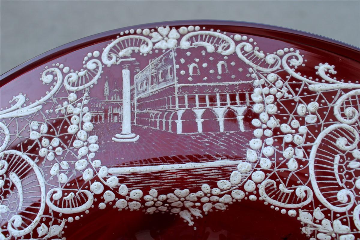 Italian Red Rubin Murano Glass Decorative Bowl Style of Zecchin Cappellin 1920s Italy For Sale