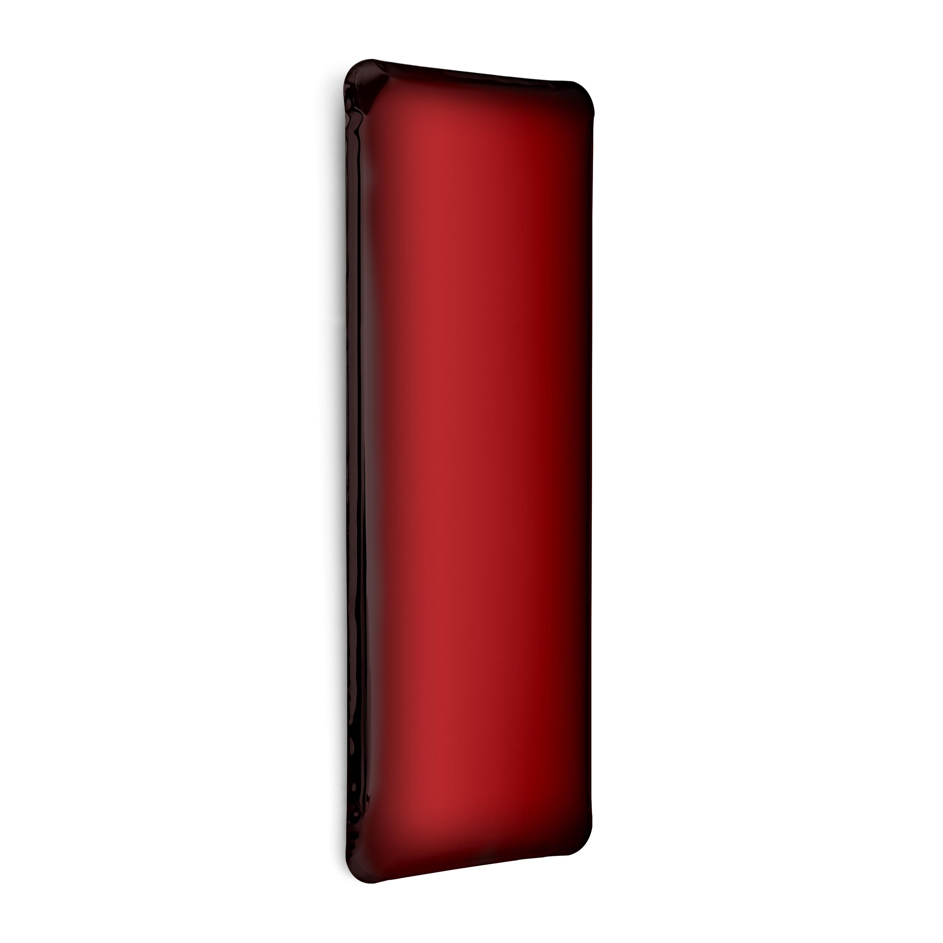 Red Rubin Tafla Q1 sculptural wall mirror by Zieta
Dimensions: D 6 x W 60 x H 180 cm 
Material: Stainless steel. 
Finish: Red Rubin.
Available in finishes: Stainless Steel, Deep Space Blue, Emerald, Saphire, Saphire/Emerald, Dark Matter, and Red