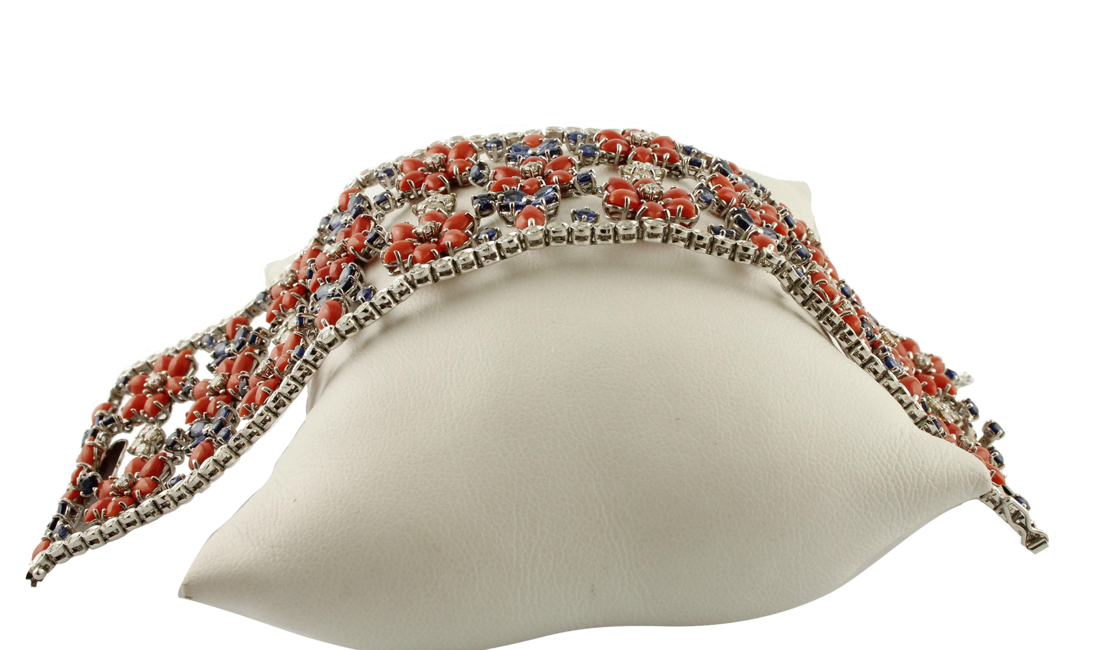 Retro Red Corals, Blue Sapphires, Diamonds White Gold Flowery Bracelet For Sale