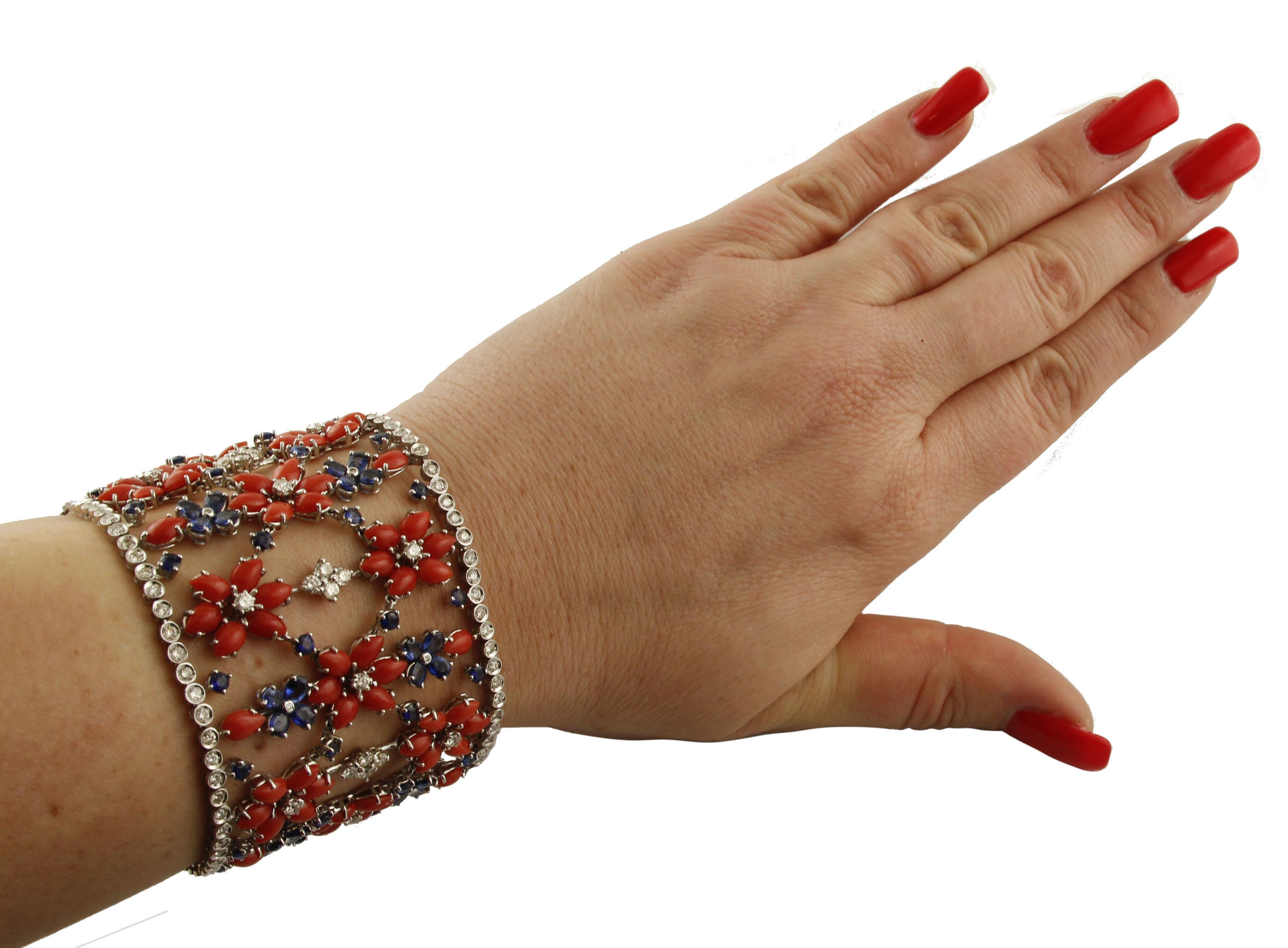 Women's Red Corals, Blue Sapphires, Diamonds White Gold Flowery Bracelet For Sale
