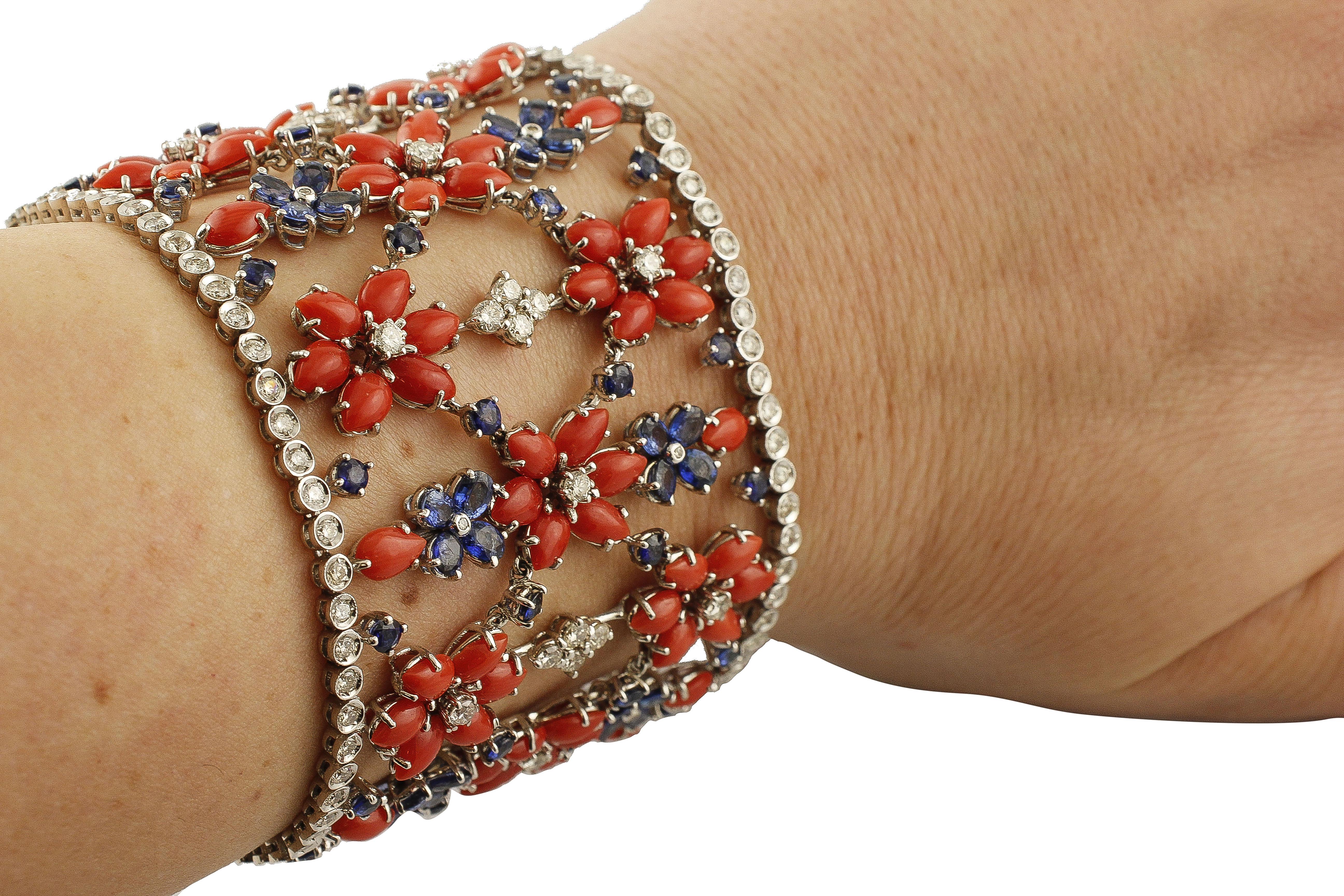 Red Corals, Blue Sapphires, Diamonds White Gold Flowery Bracelet For Sale 1