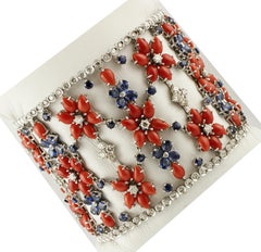 Red Corals, Blue Sapphires, Diamonds White Gold Flowery Bracelet