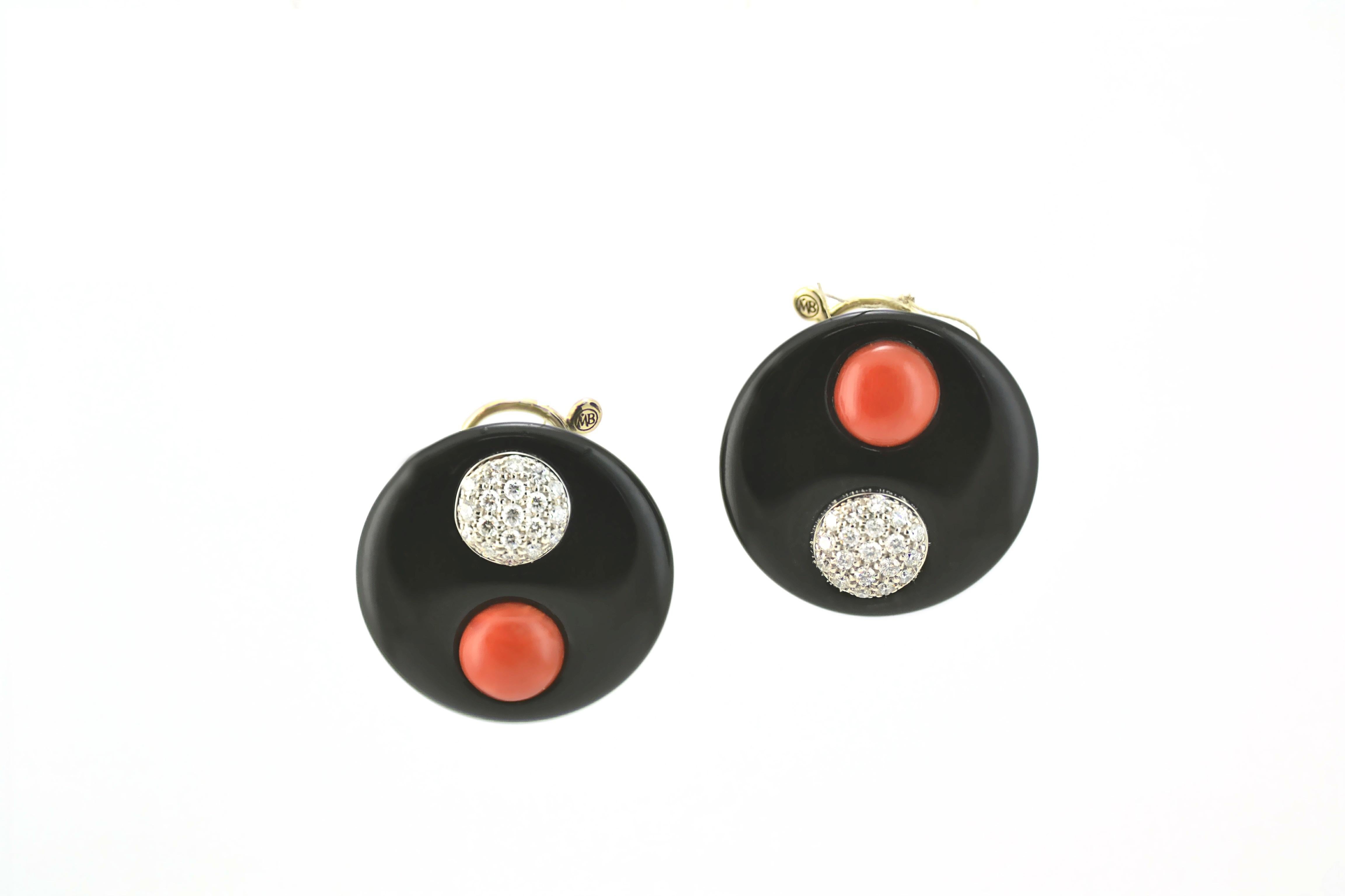 Contemporary  Red Rubrum Coral  Diamond Onyx Disks Titanium Gold Earrings For Sale