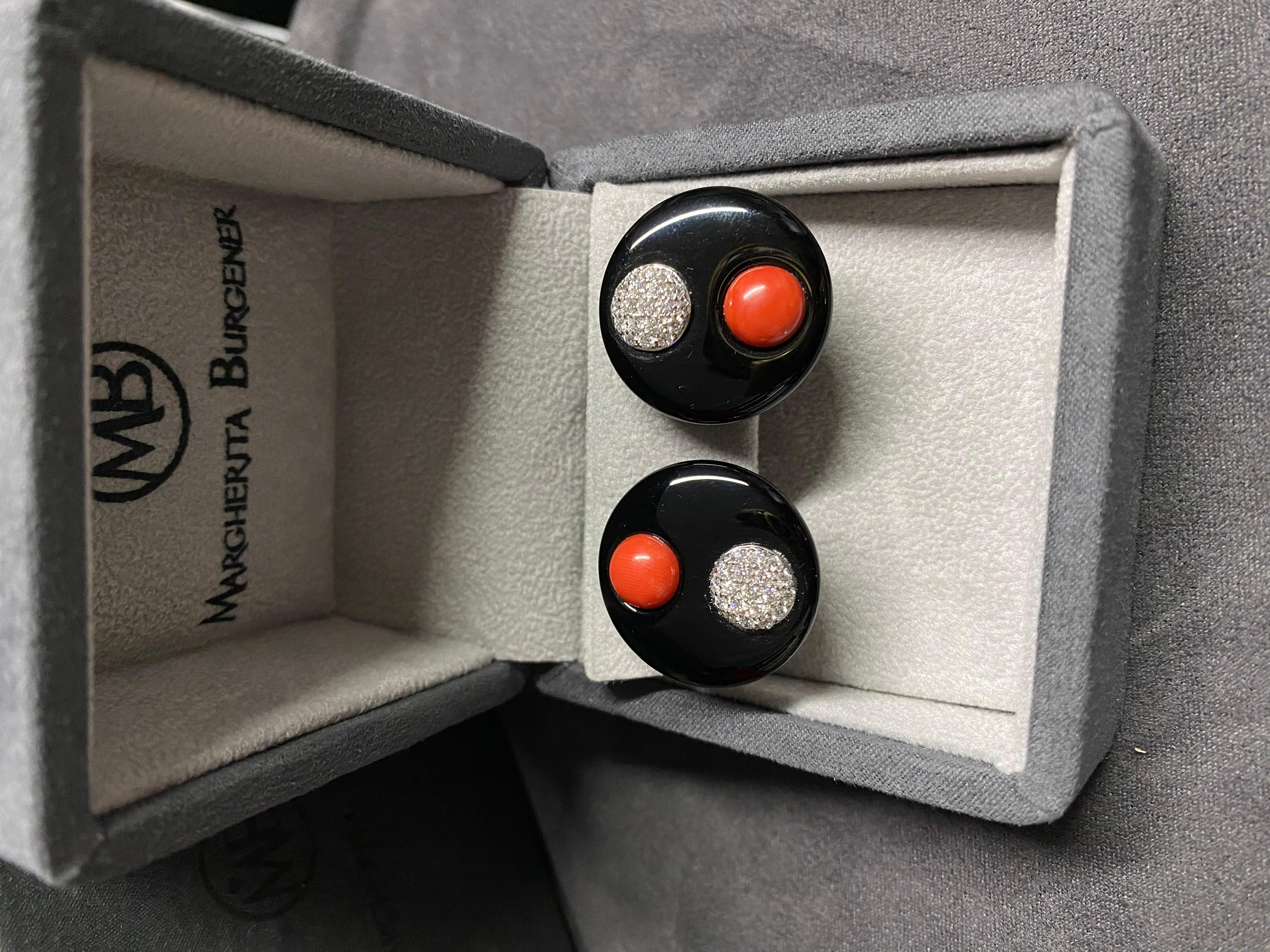  Red Rubrum Coral  Diamond Onyx Disks Titanium Gold Earrings For Sale 2