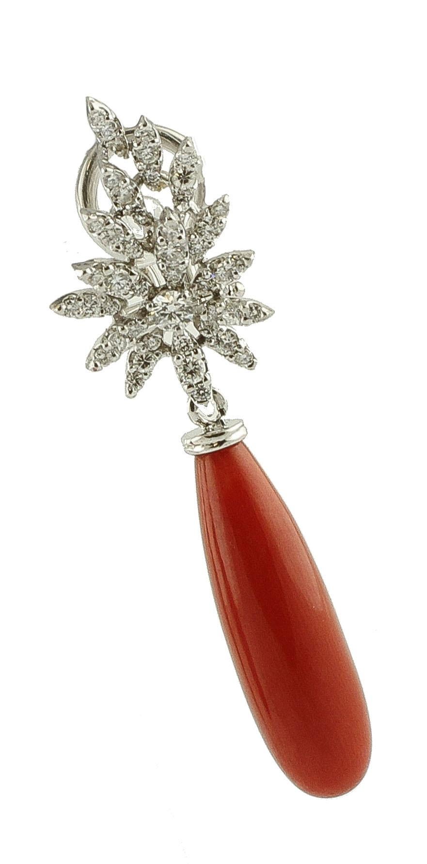 Red Rubrum Coral, Diamonds 18 Karat White Gold Earrings In Excellent Condition In Marcianise, Marcianise (CE)