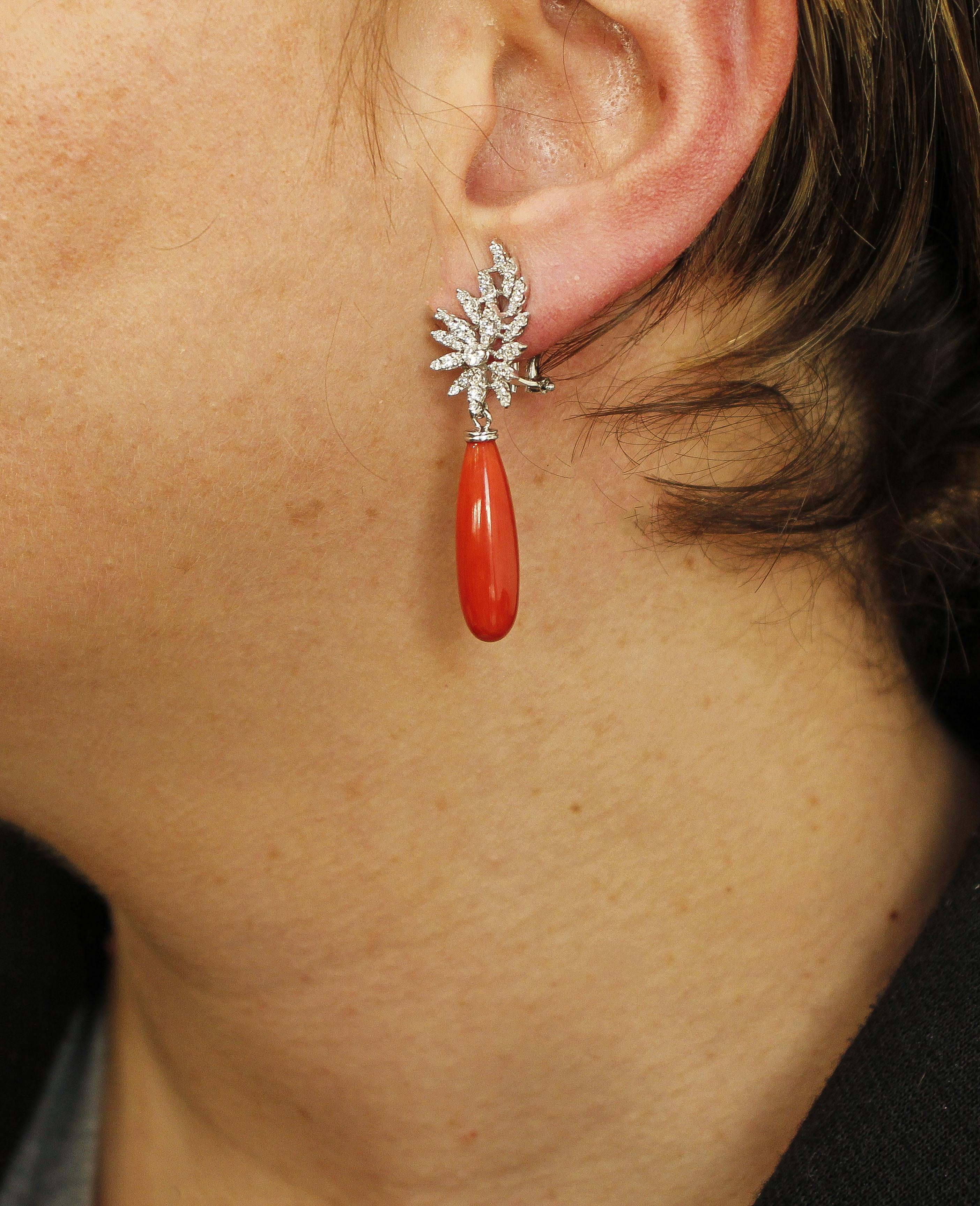 Women's Red Rubrum Coral, Diamonds 18 Karat White Gold Earrings