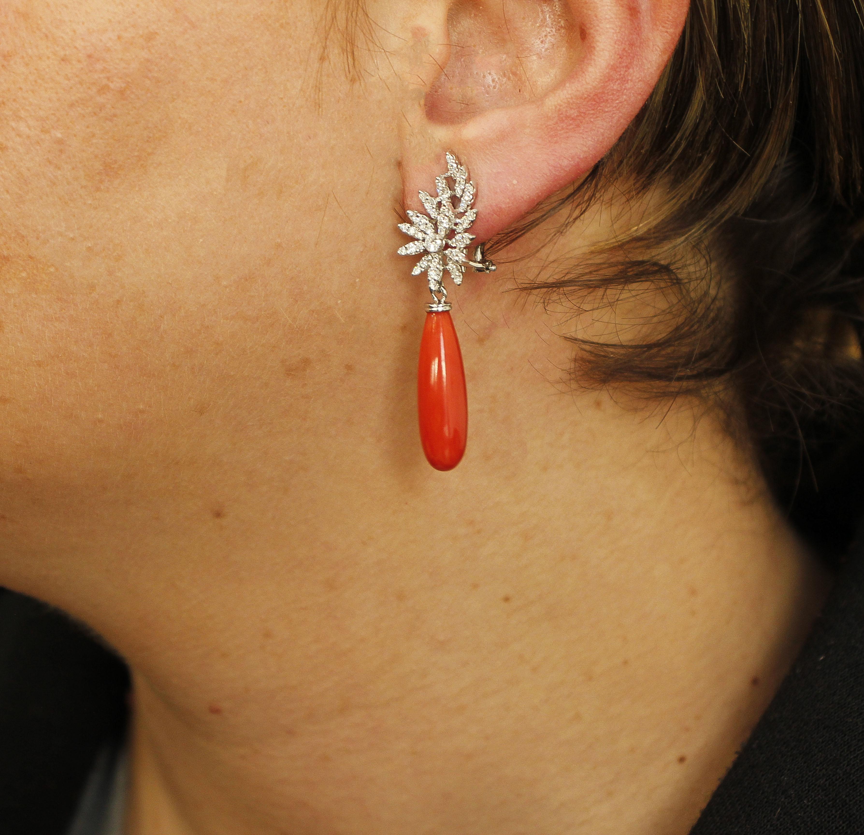 Red Rubrum Coral, Diamonds 18 Karat White Gold Earrings 1