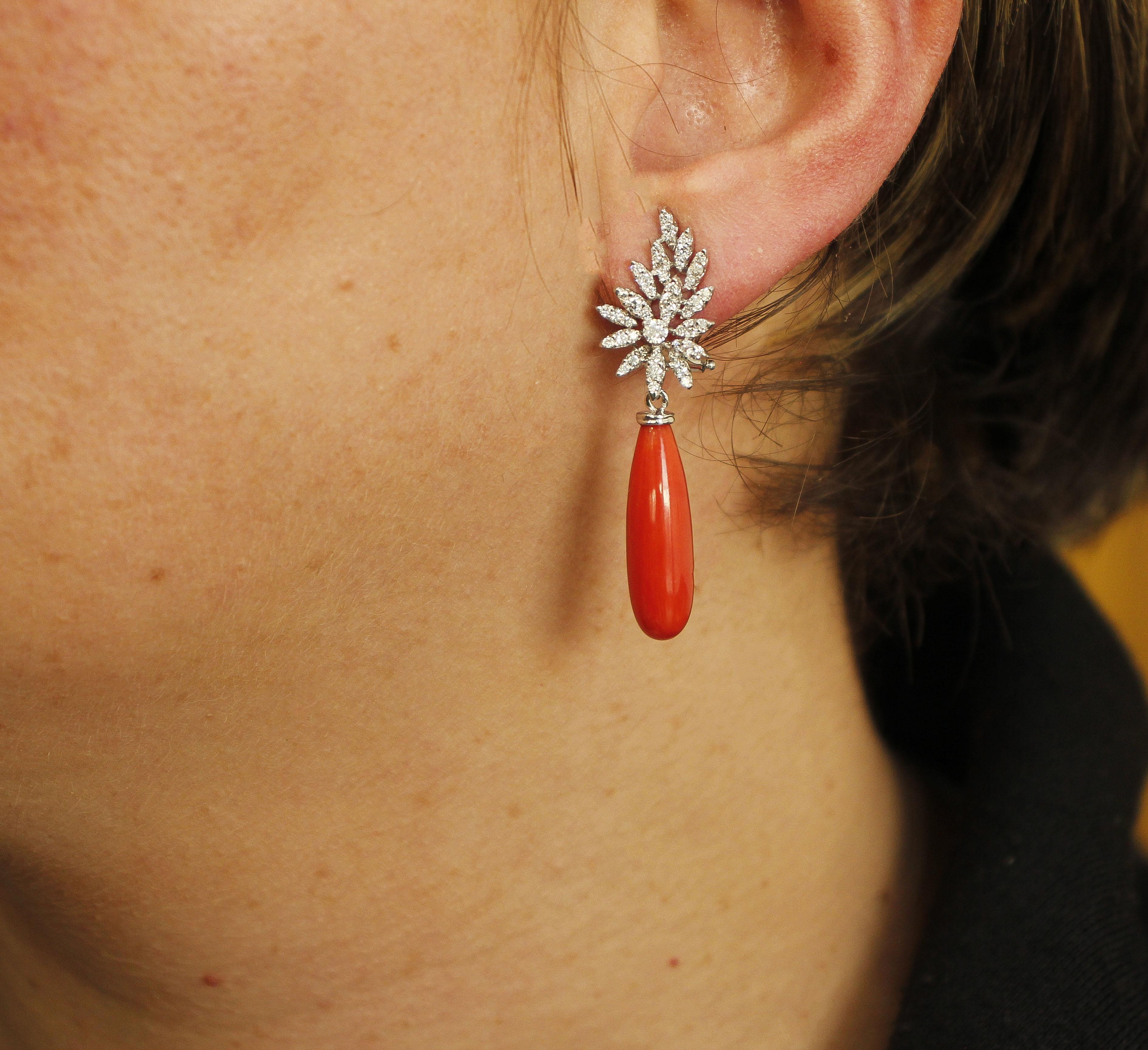 Red Rubrum Coral, Diamonds 18 Karat White Gold Earrings 2