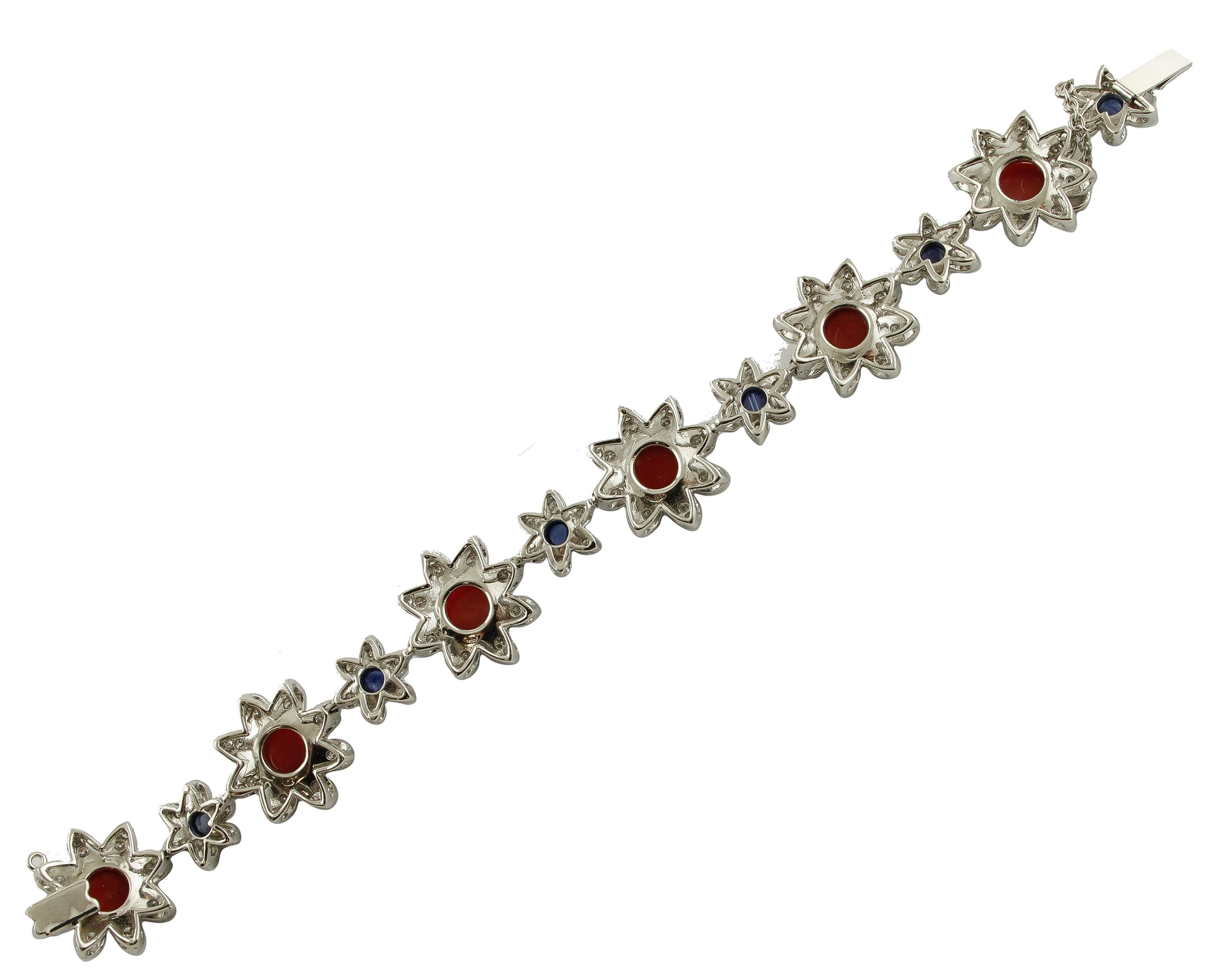 Brilliant Cut Red Corals, Diamonds, Blue Sapphires, 14 Karat White Gold Link Bracelet For Sale