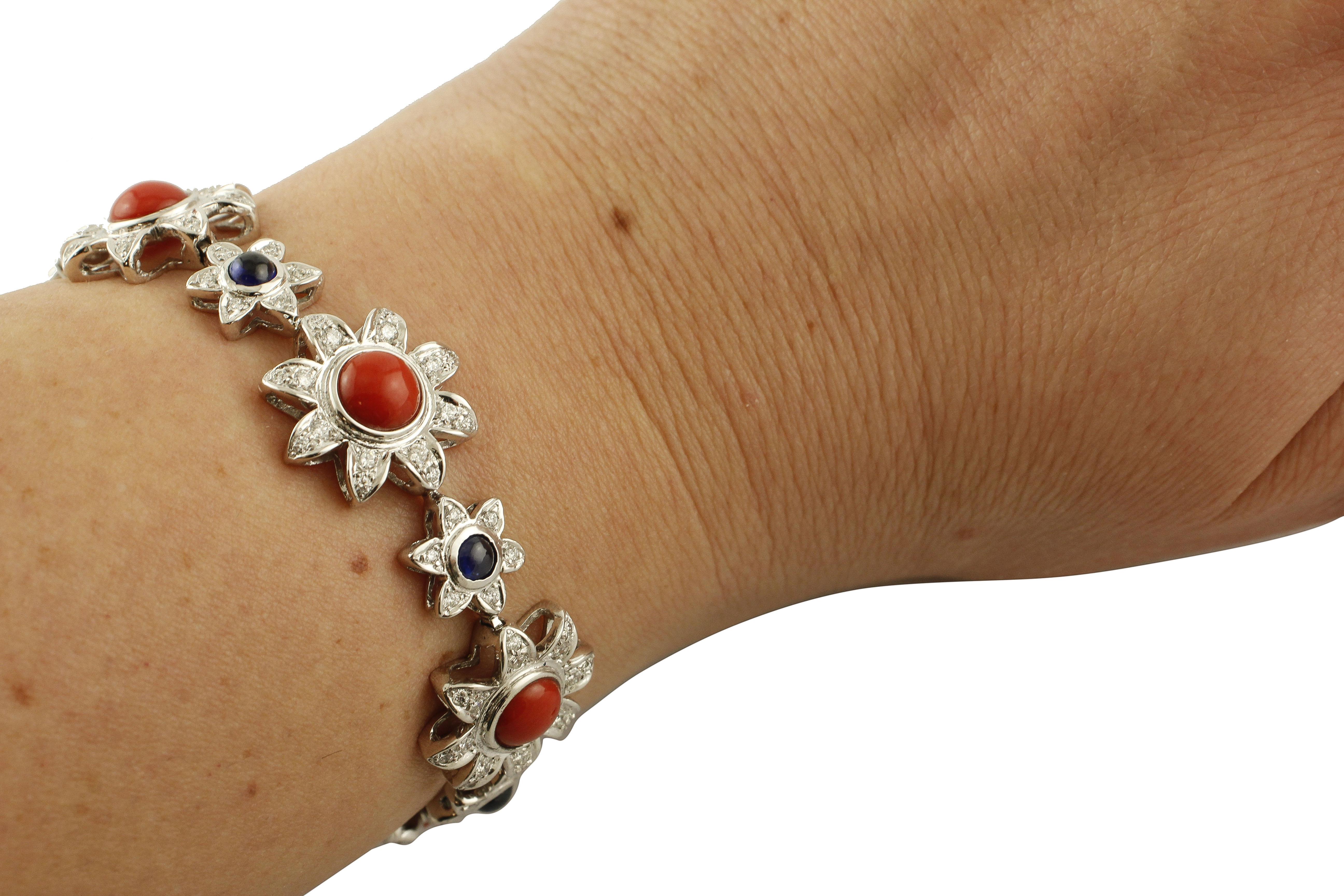 Red Corals, Diamonds, Blue Sapphires, 14 Karat White Gold Link Bracelet For Sale 1