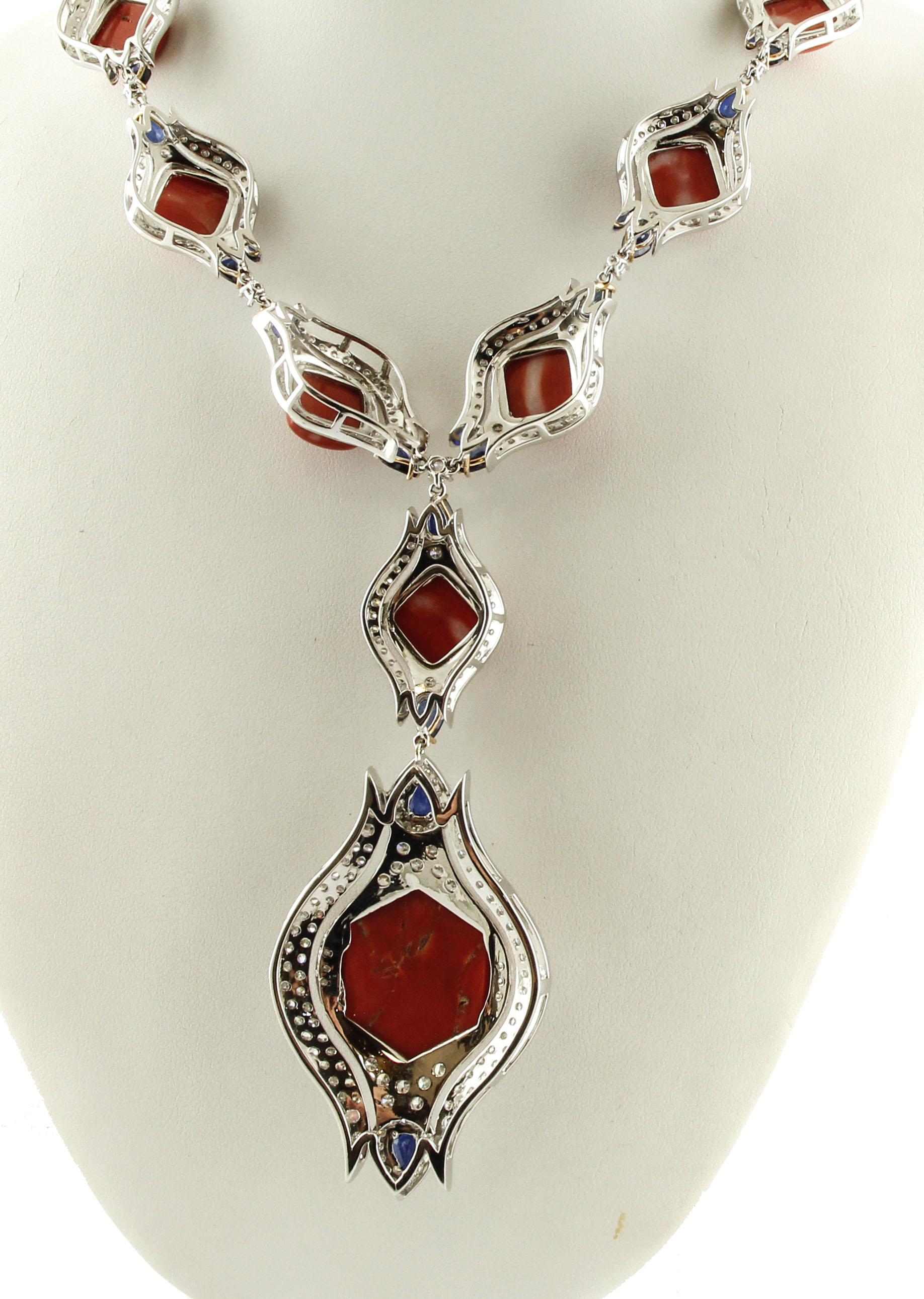 Red Corals, Diamonds, Sapphires Drops, White Gold Necklace In Excellent Condition In Marcianise, Marcianise (CE)
