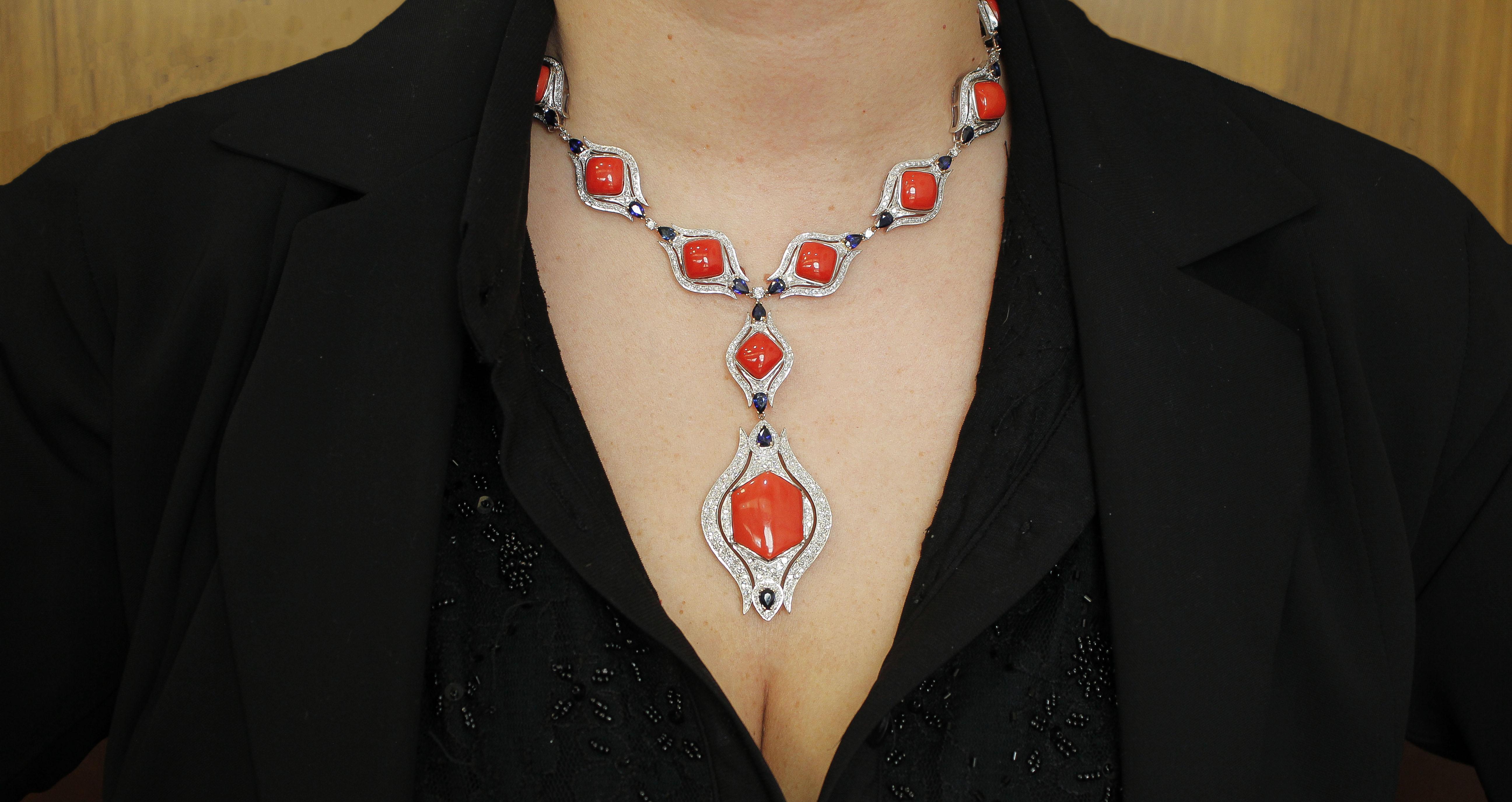 Women's Red Corals, Diamonds, Sapphires Drops, White Gold Necklace