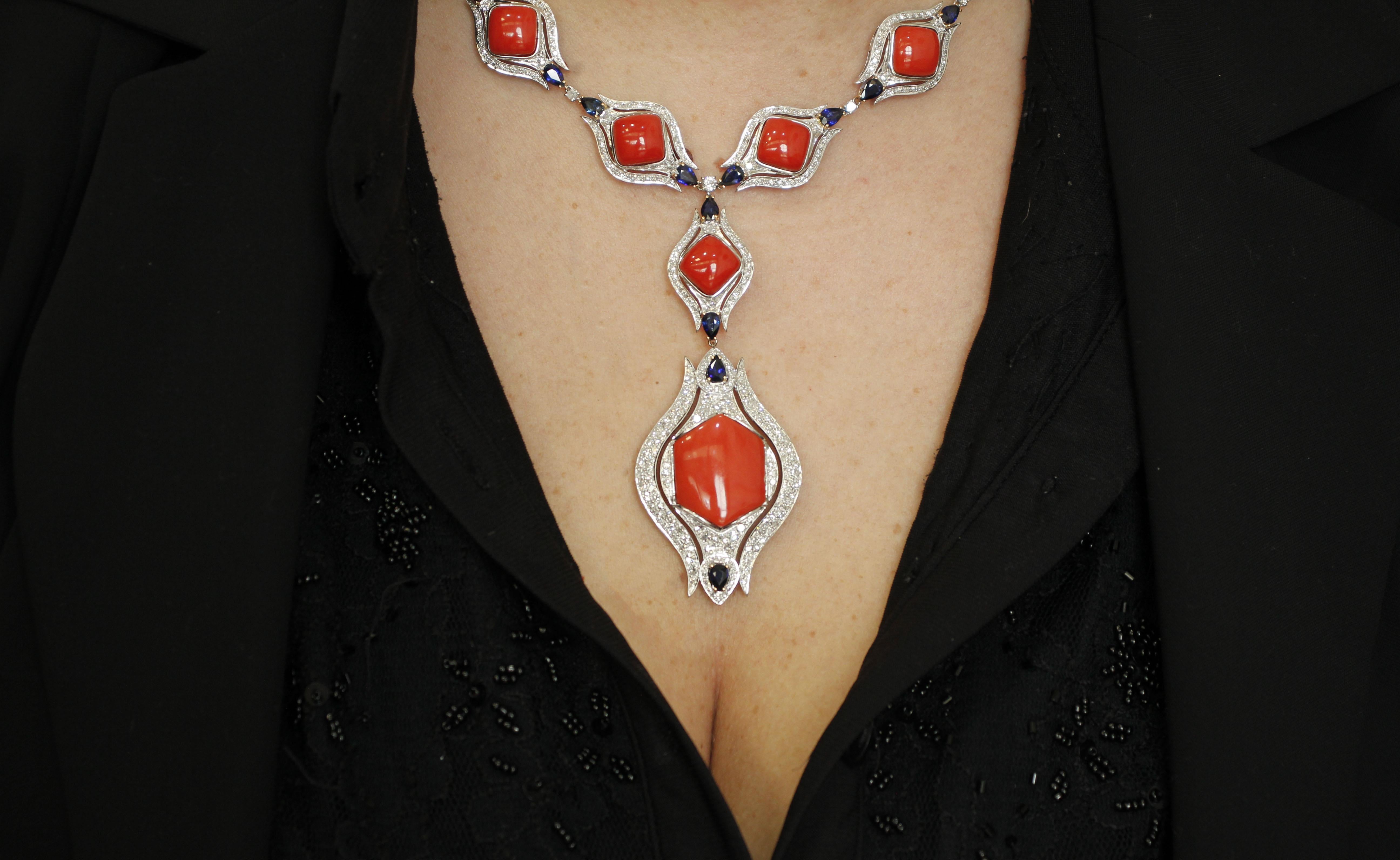 Red Corals, Diamonds, Sapphires Drops, White Gold Necklace 1