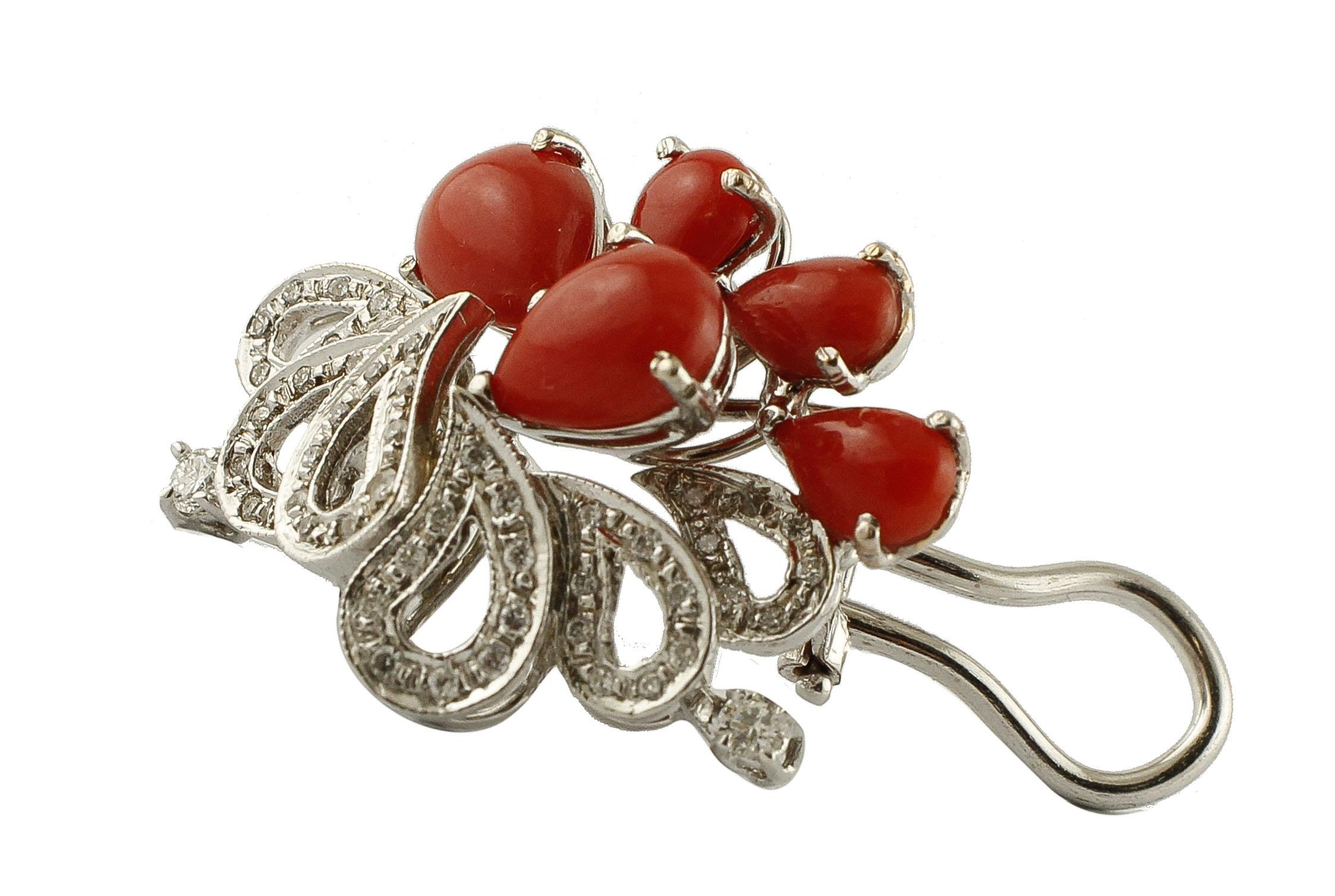 Women's Red Coral Drops, Diamonds, 14K  White Gold Clip-on Earrings