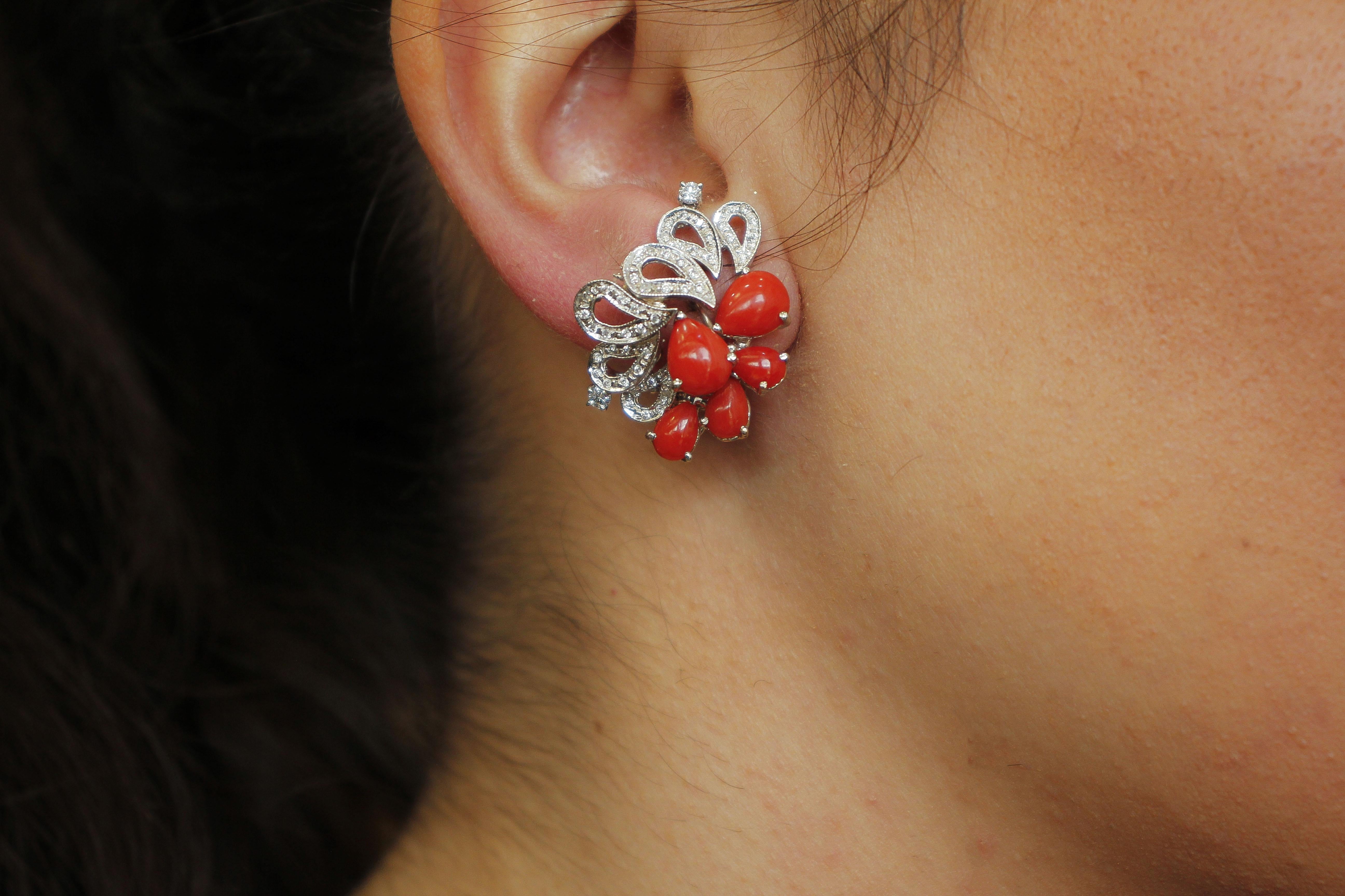 Red Coral Drops, Diamonds, 14K  White Gold Clip-on Earrings 4