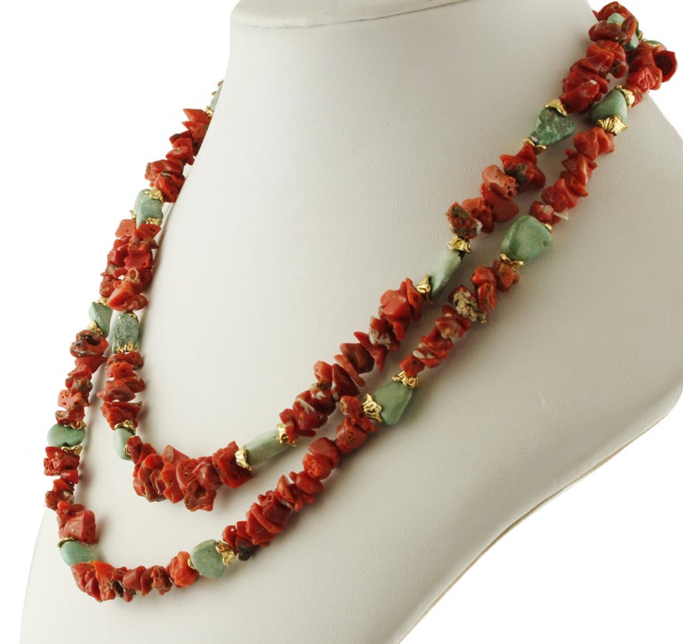 Red Corals, Turquoise Stones, Rope / MultiStrand Necklace For Sale at