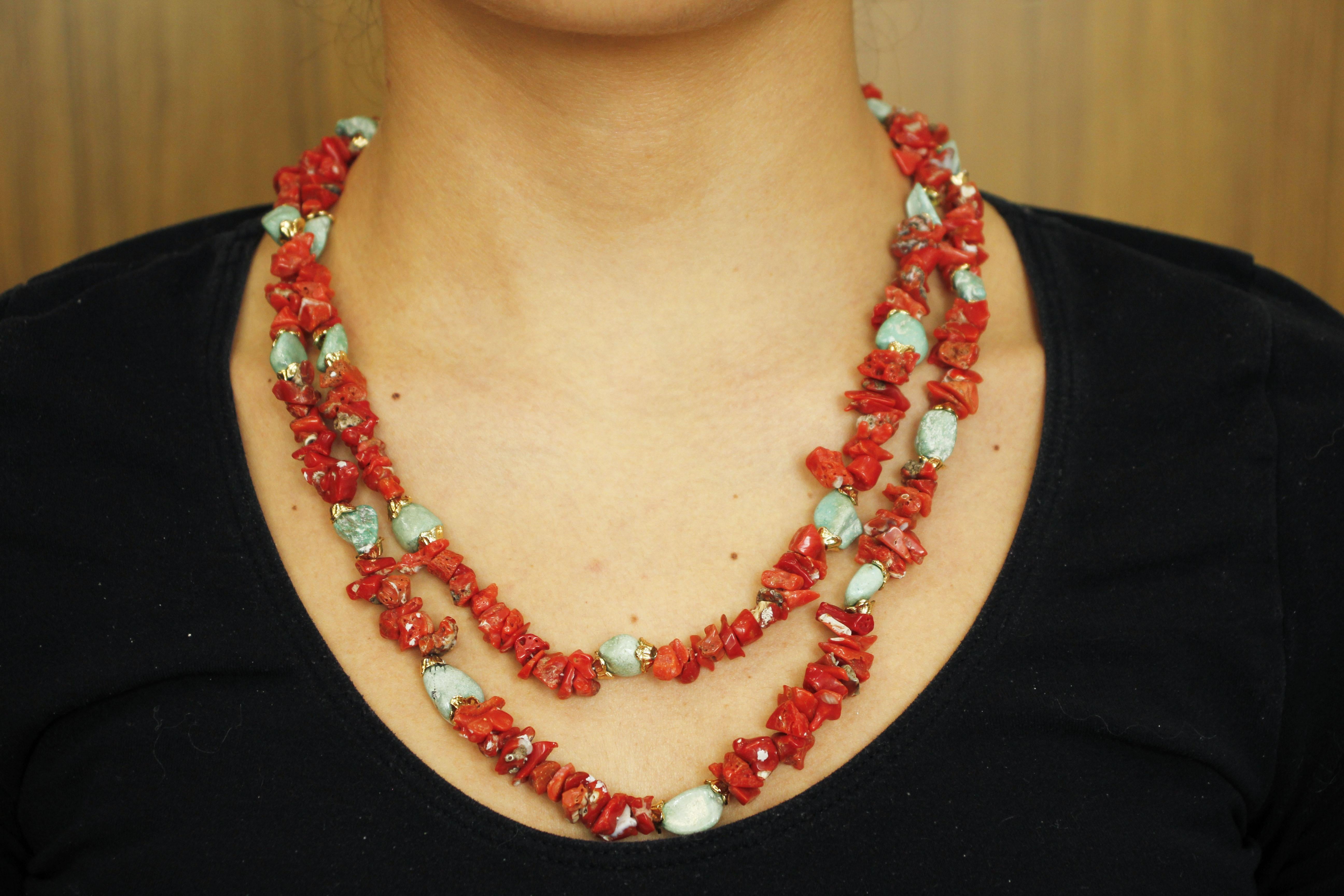 Retro Red Corals, Turquoise Stones, Rope / Multi-Strand Necklace