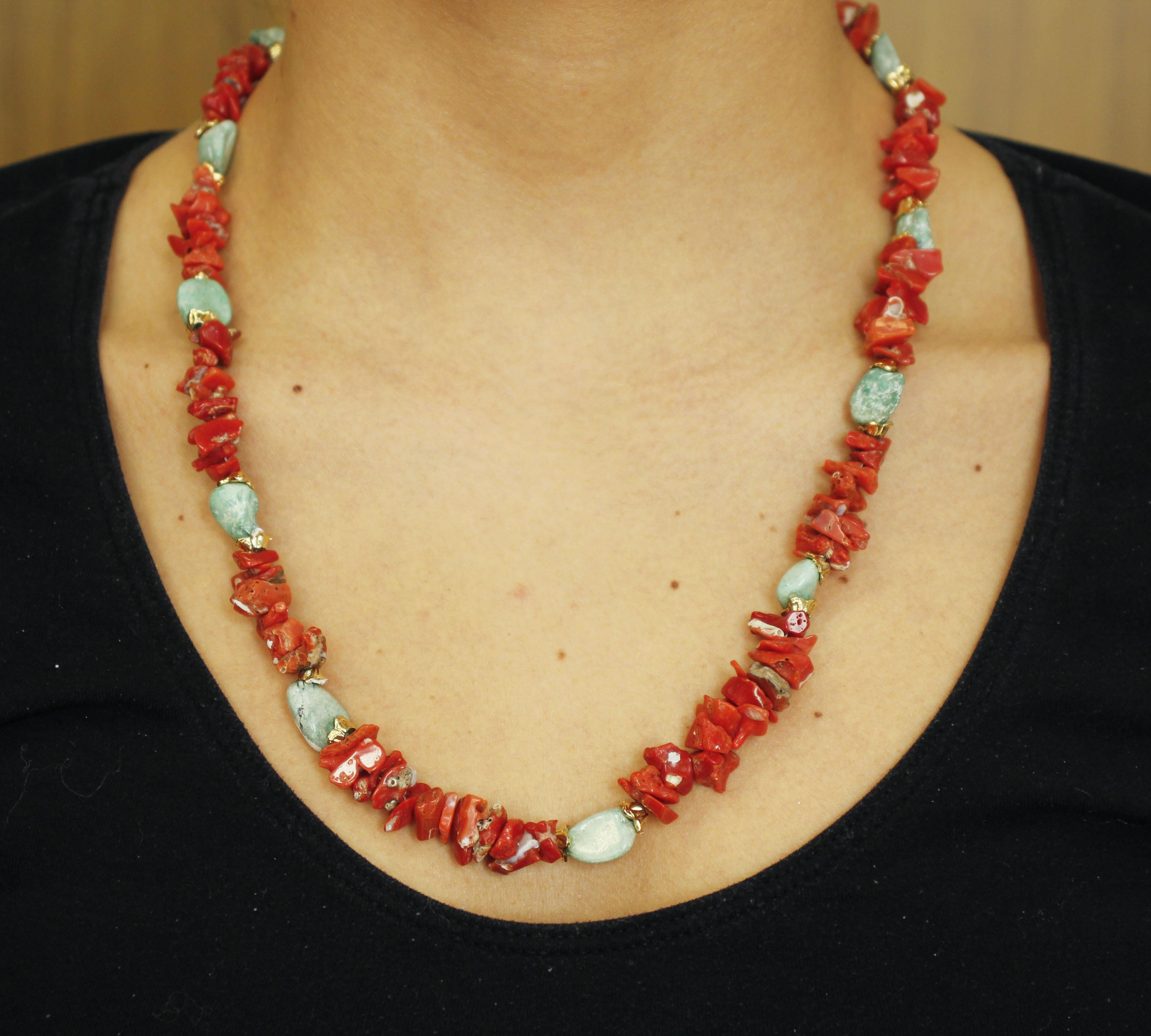 Round Cut Red Corals, Turquoise Stones, Rope / Multi-Strand Necklace