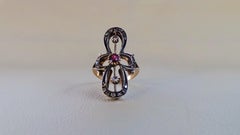 Red Ruby 0.30K Rose Cut Diamonds 0.22K Florentine Style Cocktail Ring