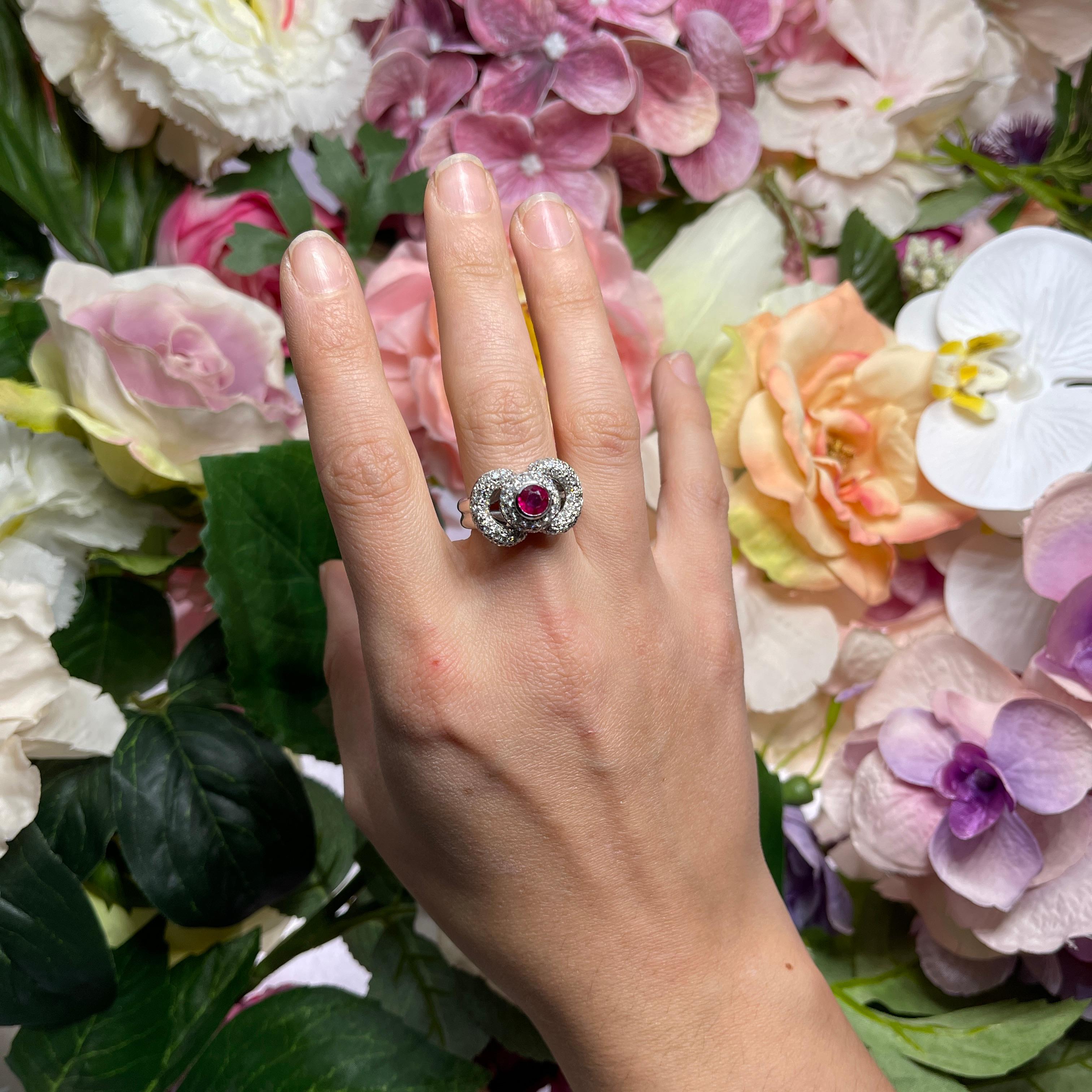 Red Ruby 0.60 carats and White Diamond 1.40 carats Pavé Ring in 18K For Sale 1