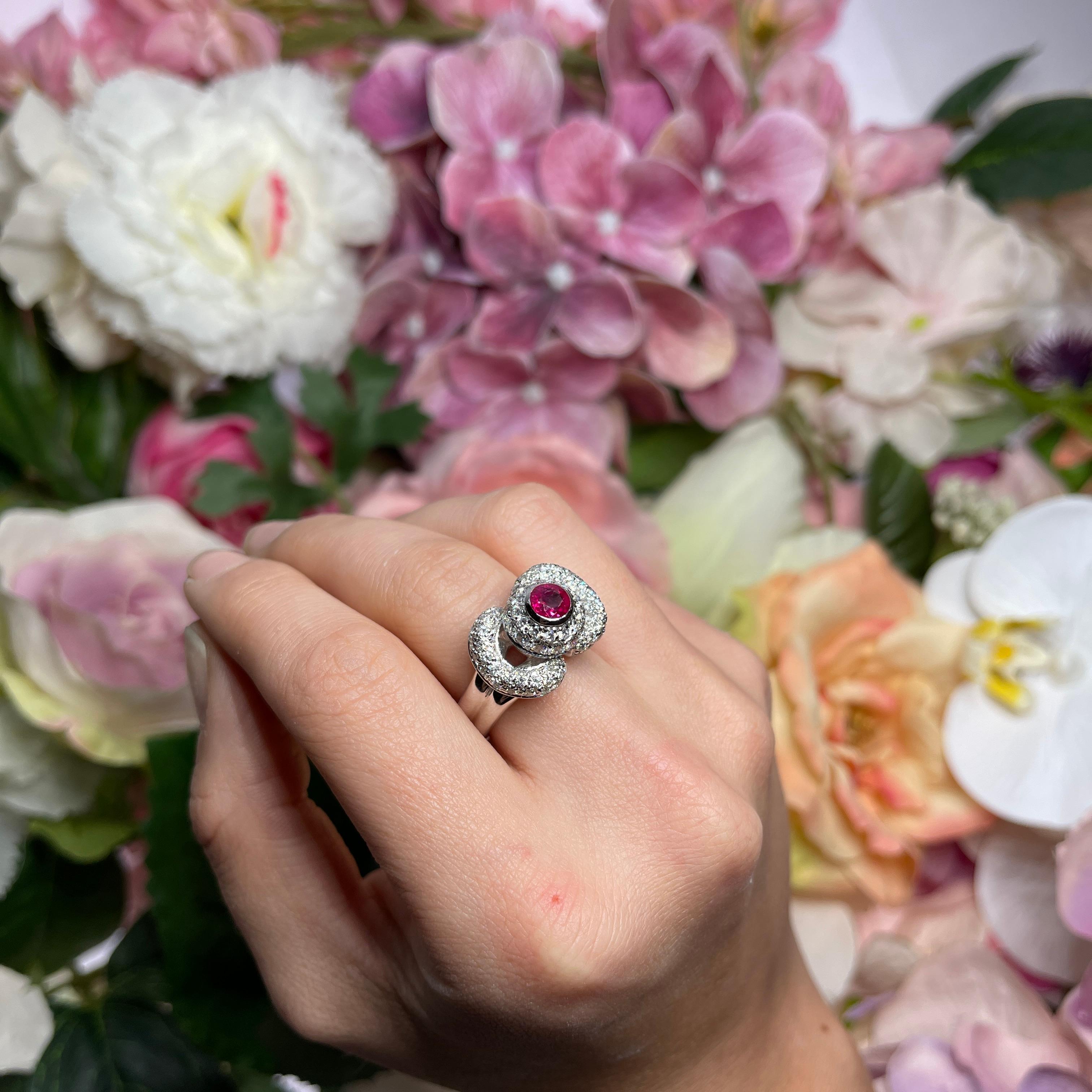 Red Ruby 0.60 carats and White Diamond 1.40 carats Pavé Ring in 18K For Sale 2