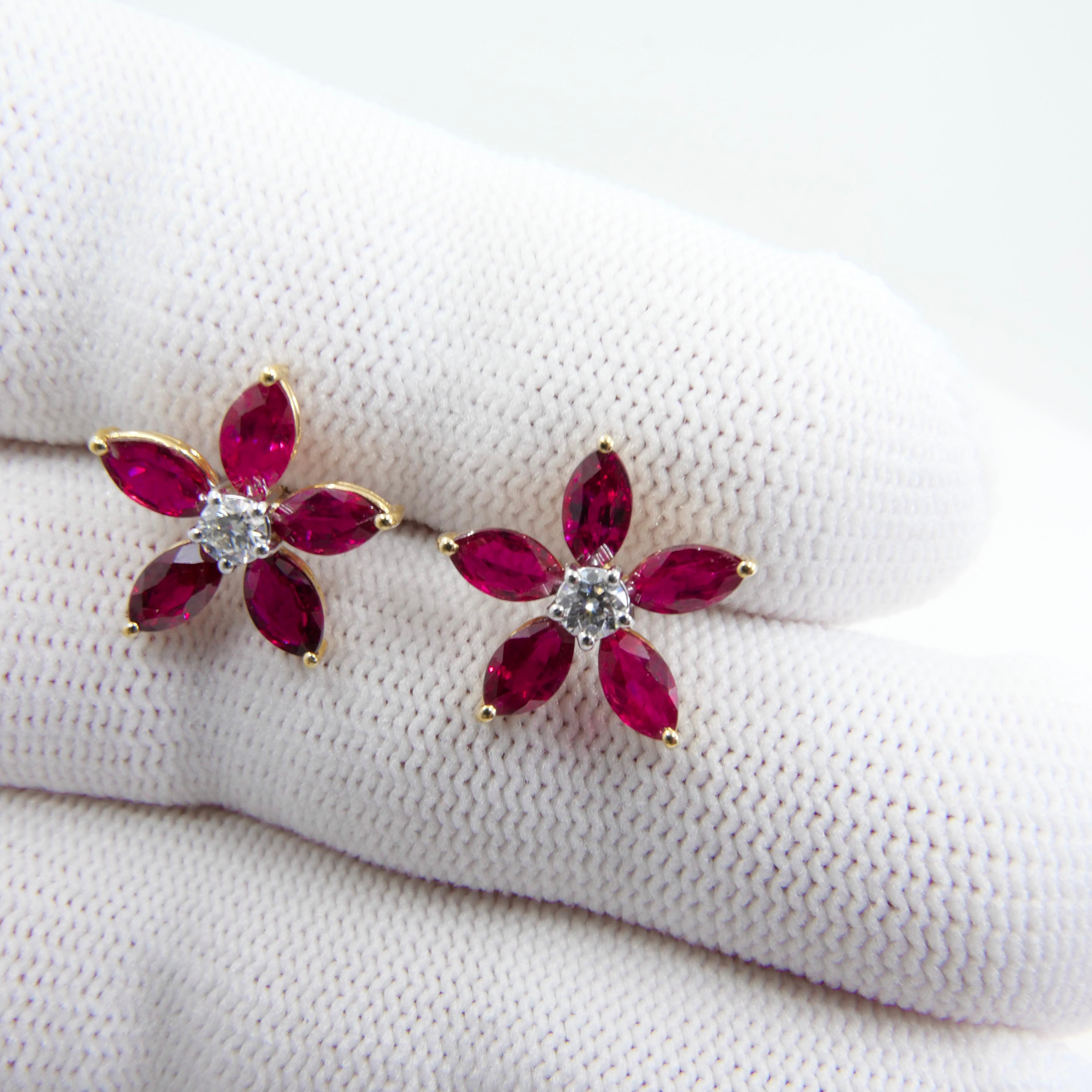 Red Ruby and Diamond Flower Stud Earrings, Simple and Elegant, 18K Yellow Gold  For Sale 1