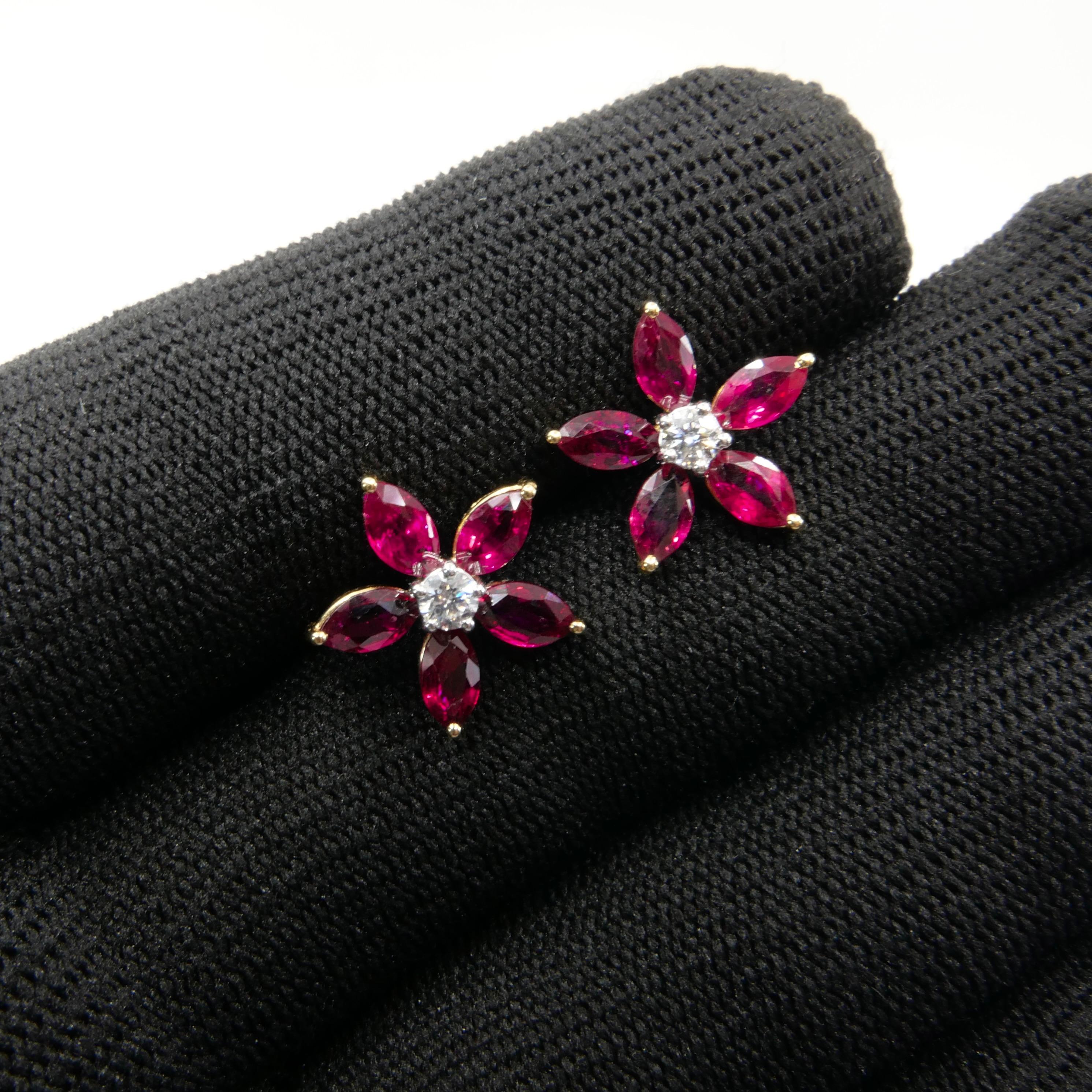 Red Ruby and Diamond Flower Stud Earrings, Simple and Elegant, 18K Yellow Gold  For Sale 2
