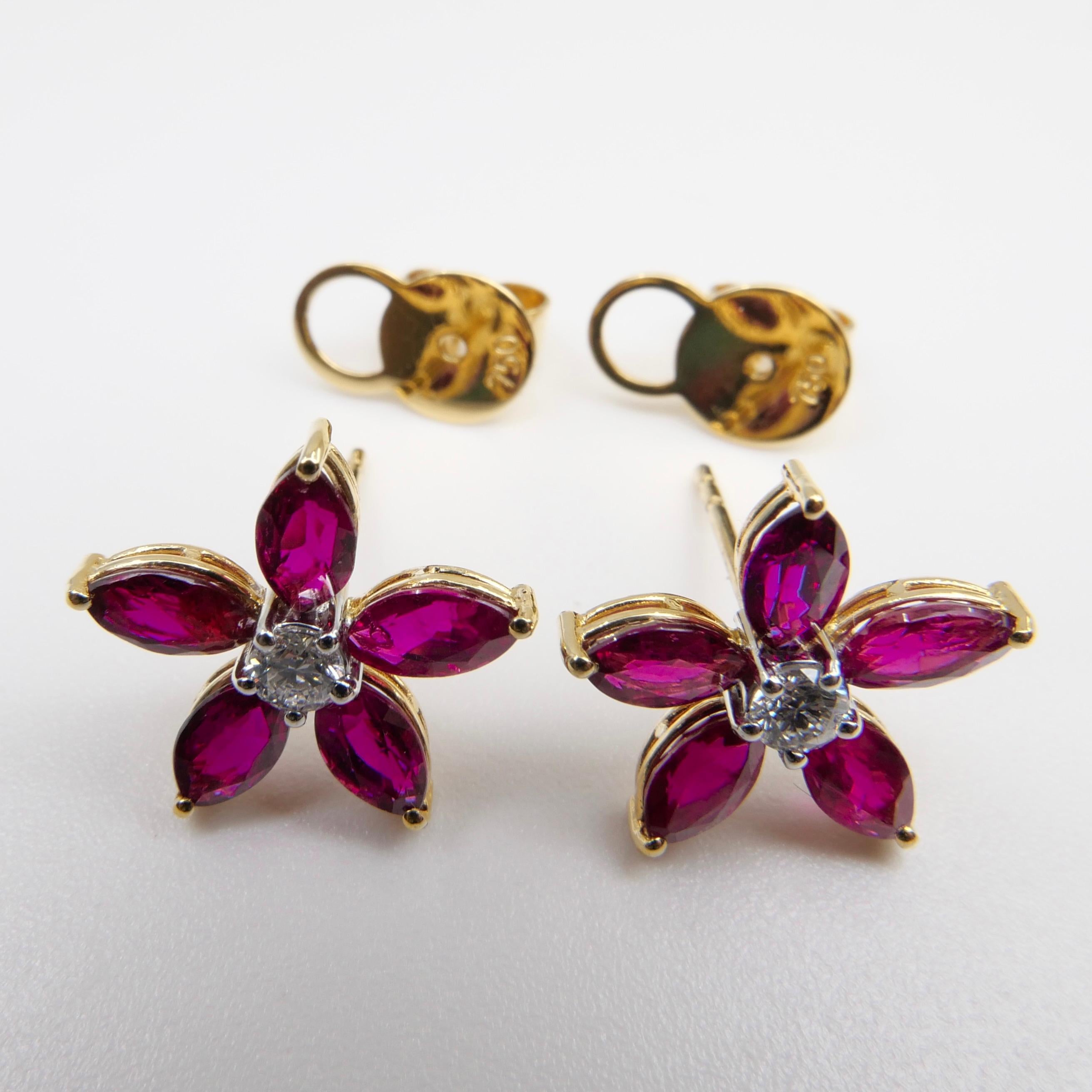 Red Ruby and Diamond Flower Stud Earrings, Simple and Elegant, 18K Yellow Gold  For Sale 3
