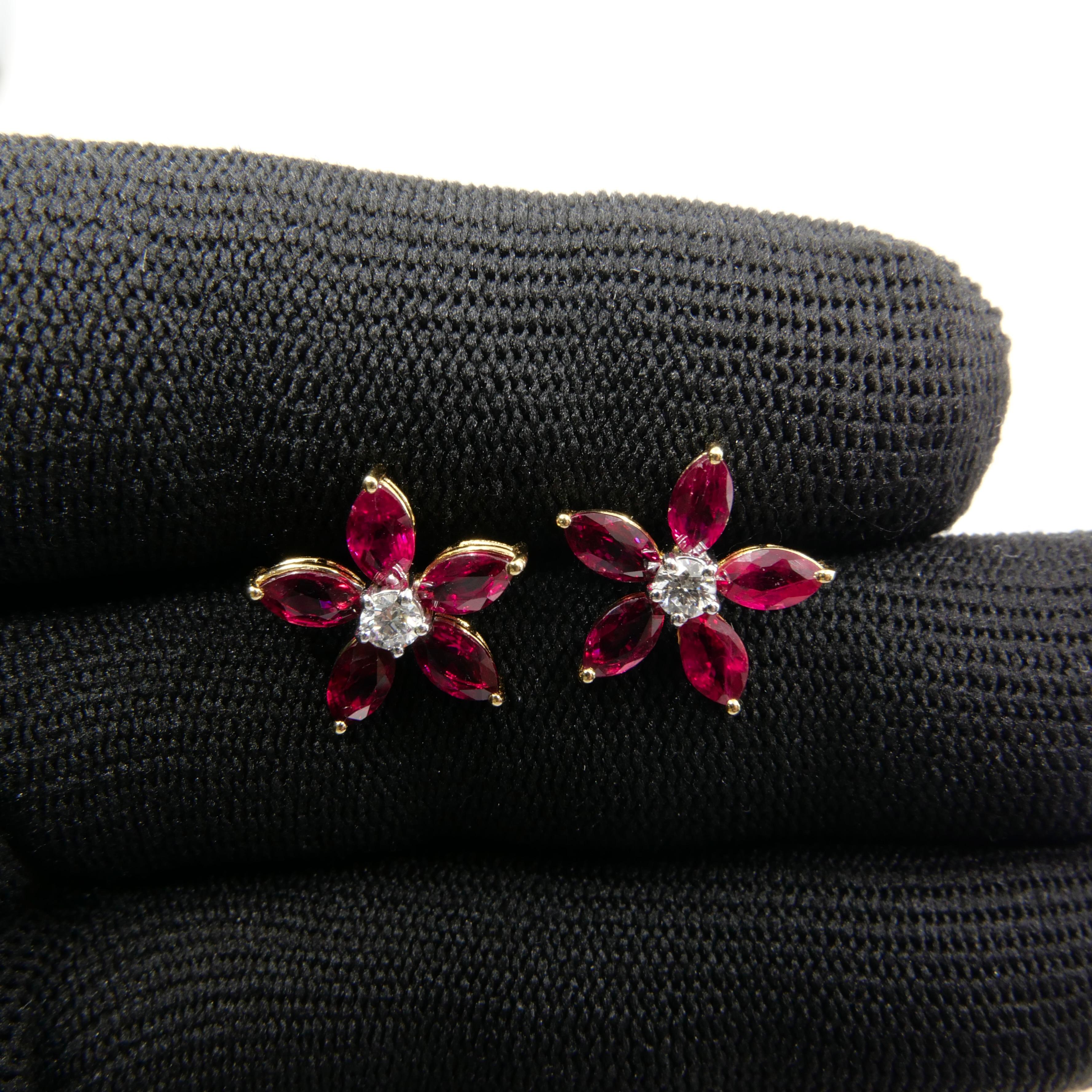 Red Ruby and Diamond Flower Stud Earrings, Simple and Elegant, 18K Yellow Gold  For Sale 4