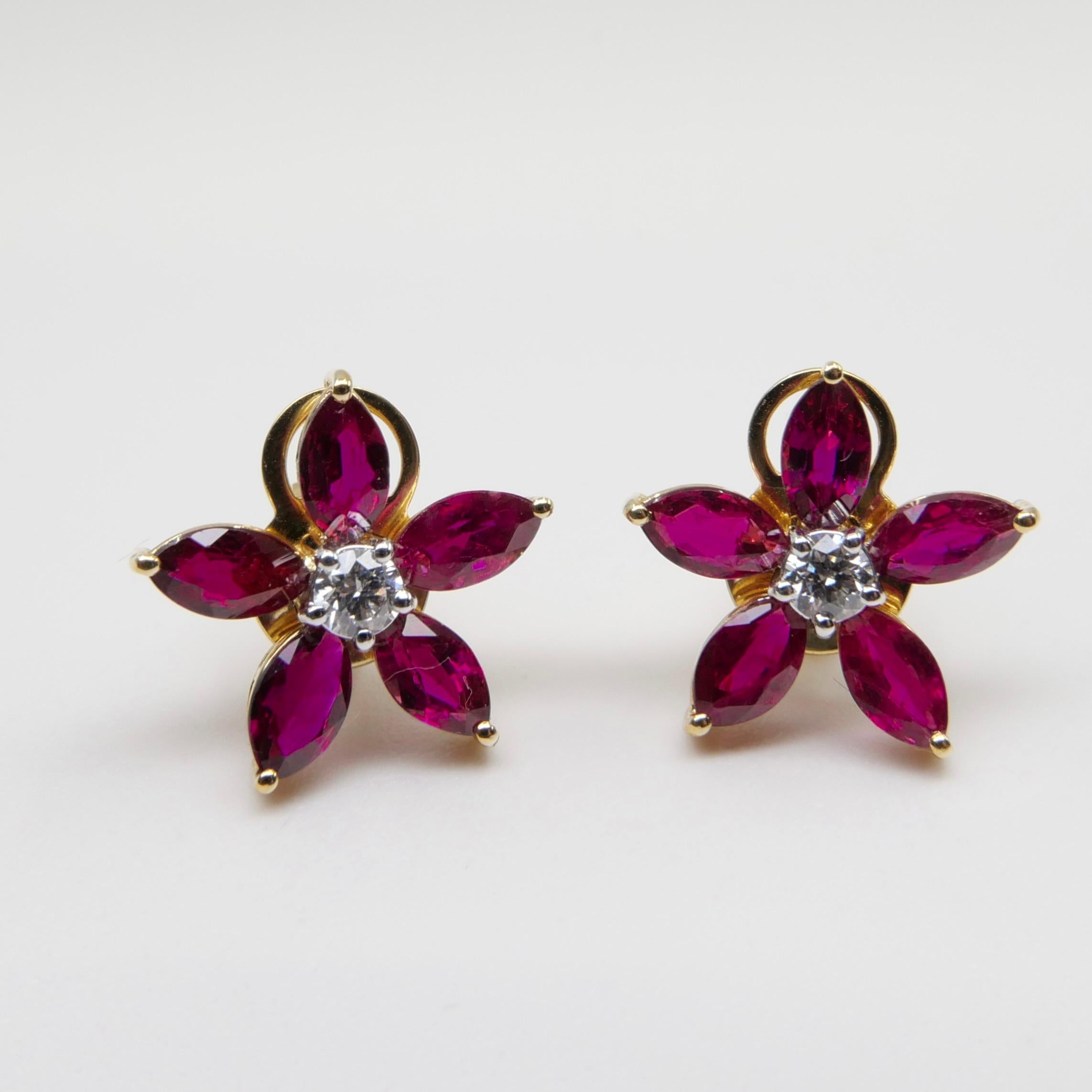 Red Ruby and Diamond Flower Stud Earrings, Simple and Elegant, 18K Yellow Gold  For Sale 5