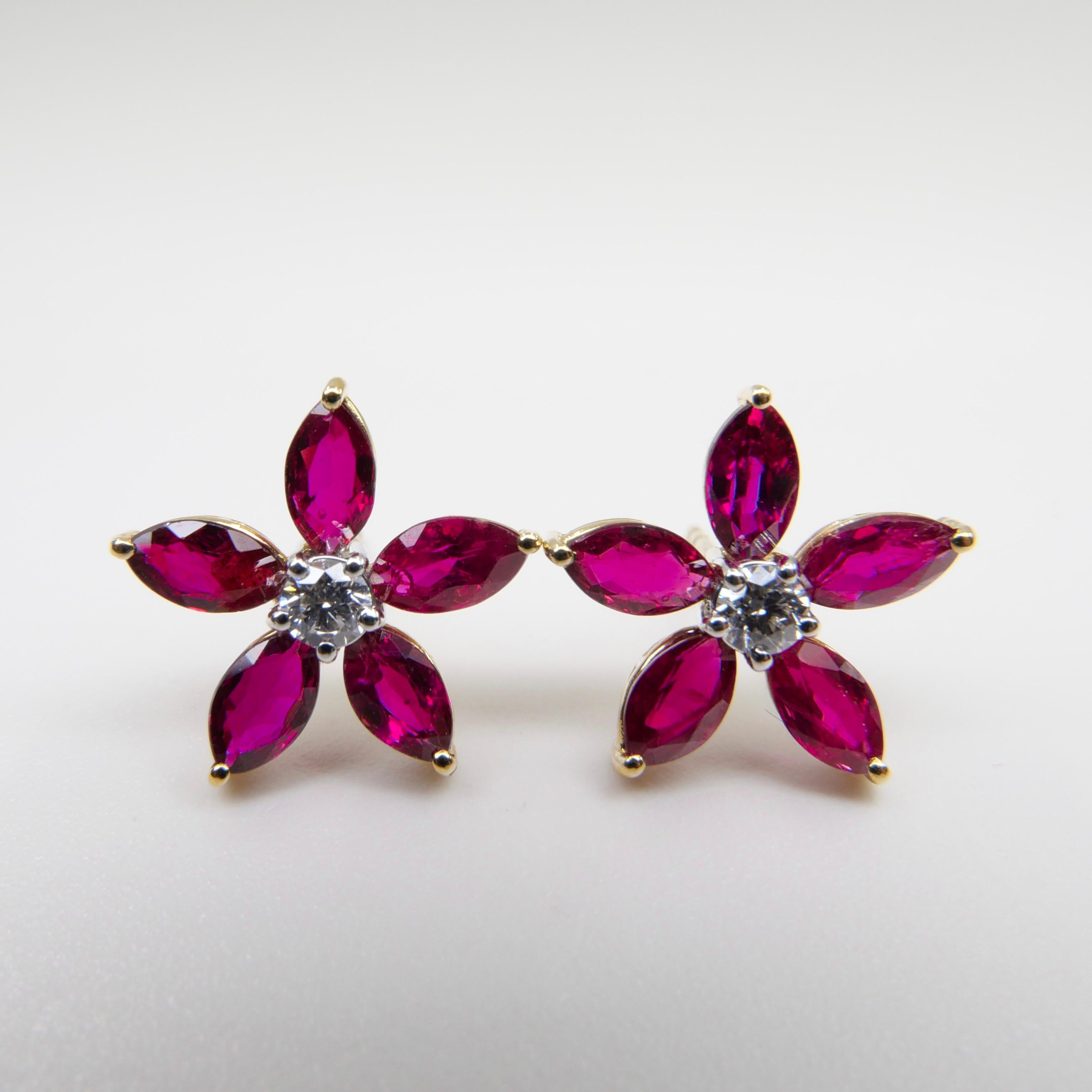 Modern Red Ruby and Diamond Flower Stud Earrings, Simple and Elegant, 18K Yellow Gold  For Sale